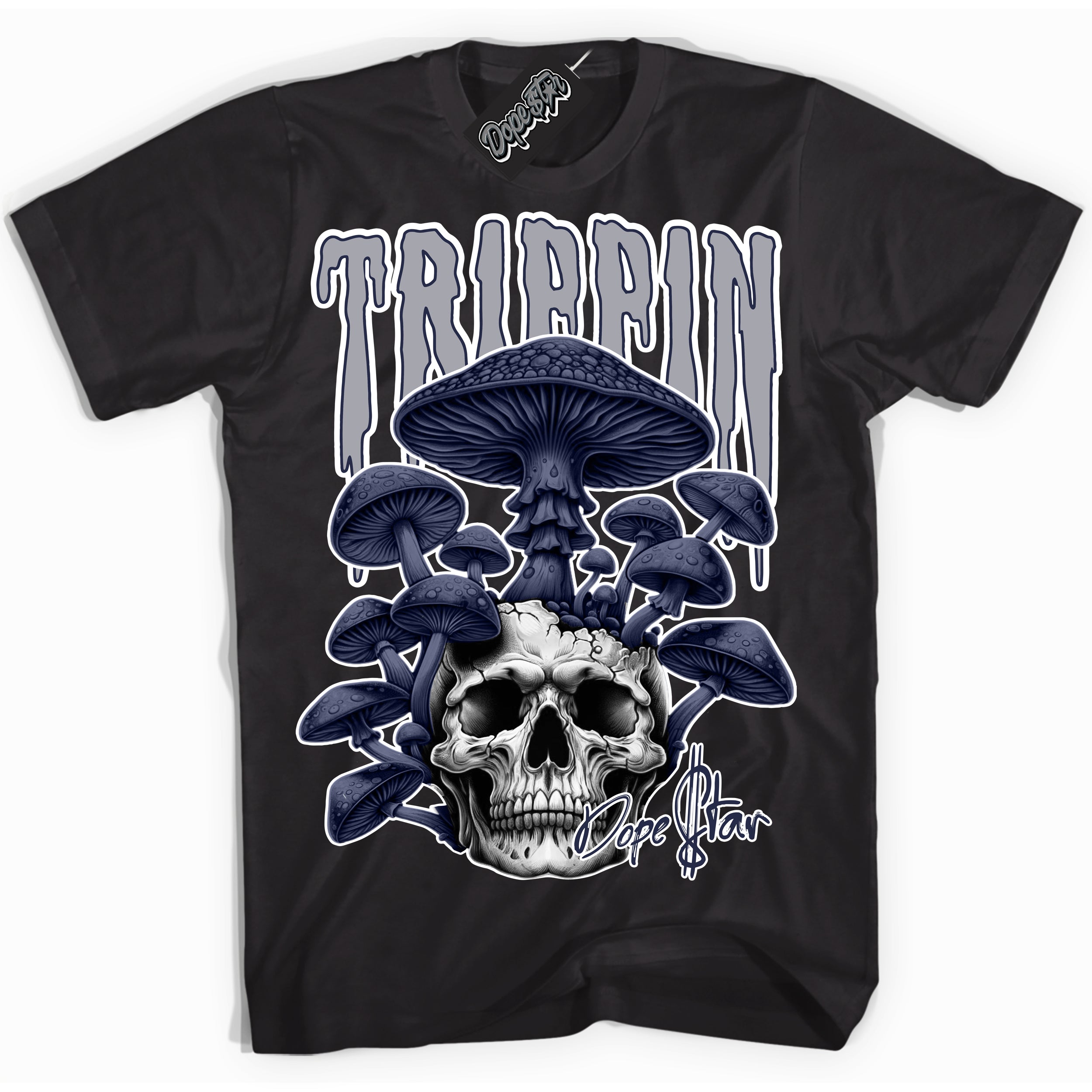 Cool Black Shirt with “Trippin” design that perfectly matches the Wolf Grey Midnight Navy 1s Jordans.