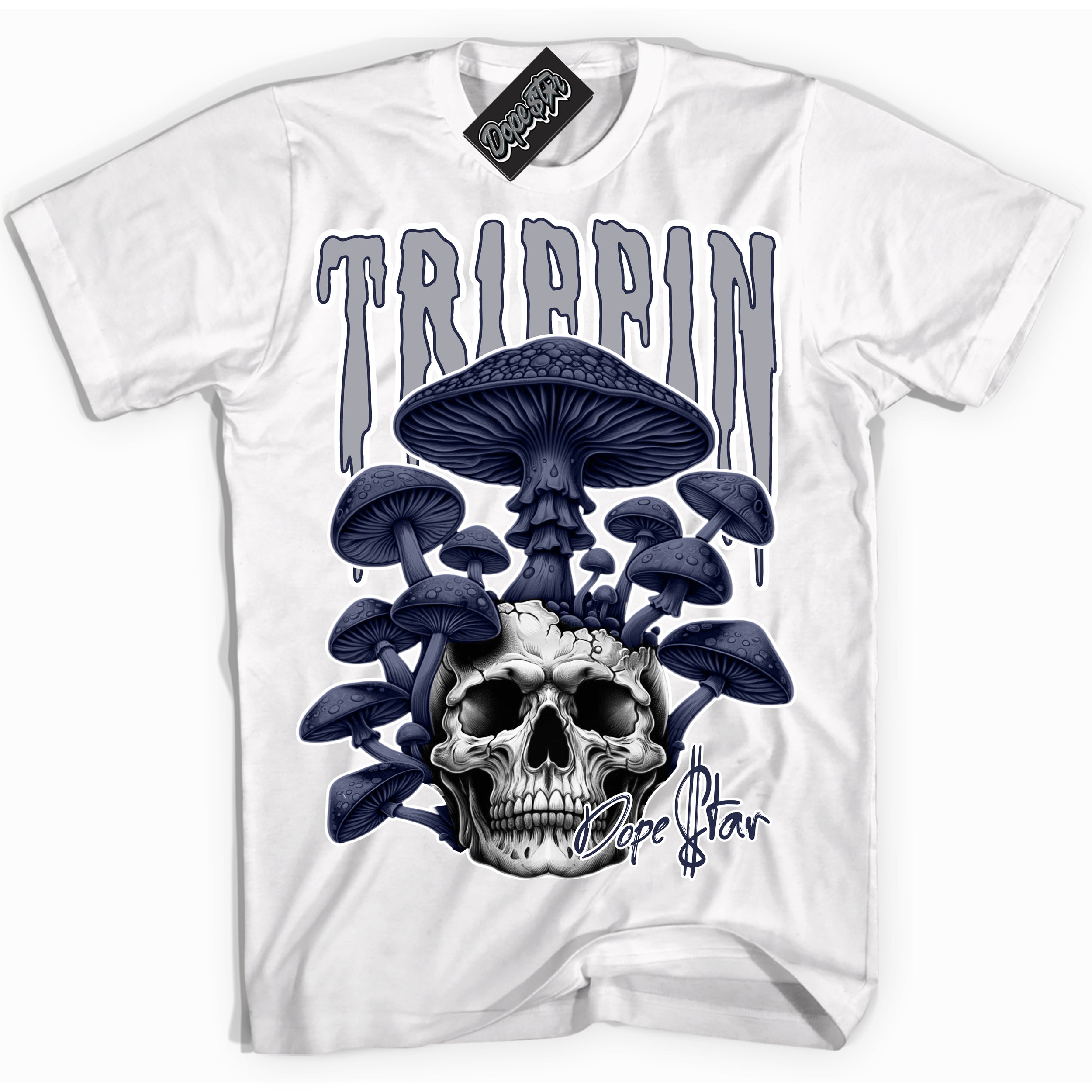 Cool White Shirt with “Trippin” design that perfectly matches the Wolf Grey Midnight Navy 1s Jordans.