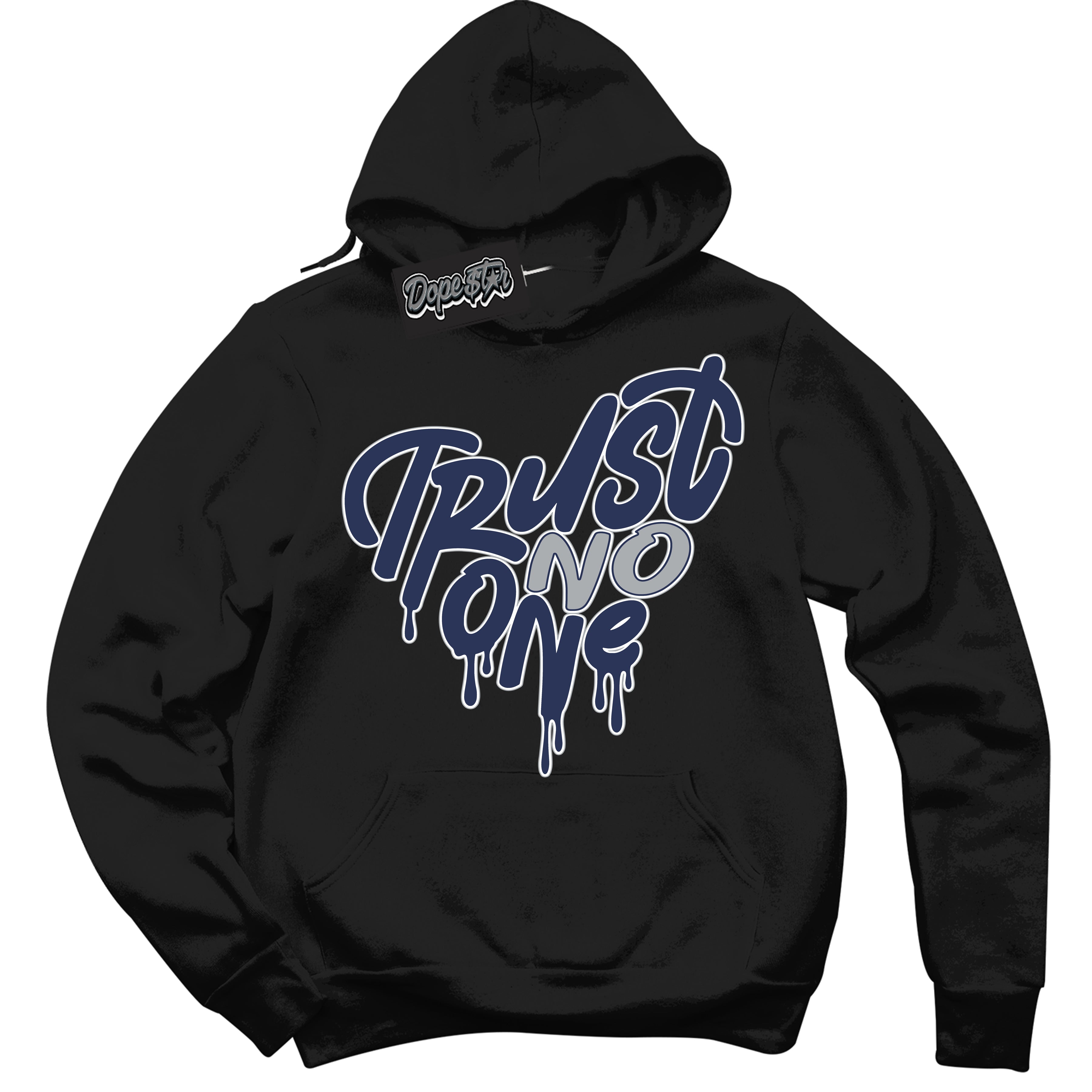 Cool Black Hoodie with “Trust No One Heart” design that Perfectly Matches Wolf Grey Midnight Navy 1s Jordans.