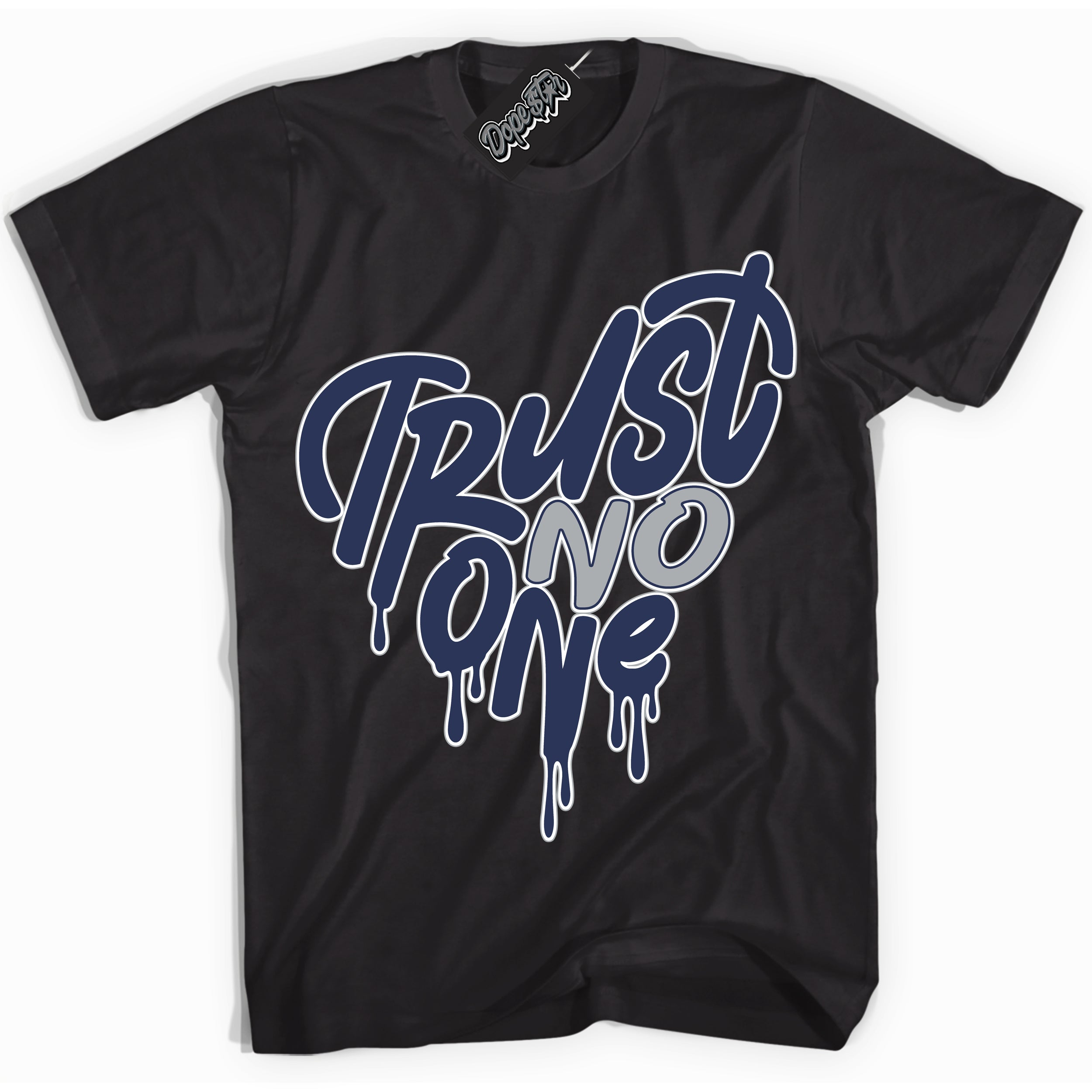 Cool Black Shirt with “Trust No One Heart” design that perfectly matches the Wolf Grey Midnight Navy 1s Jordans.