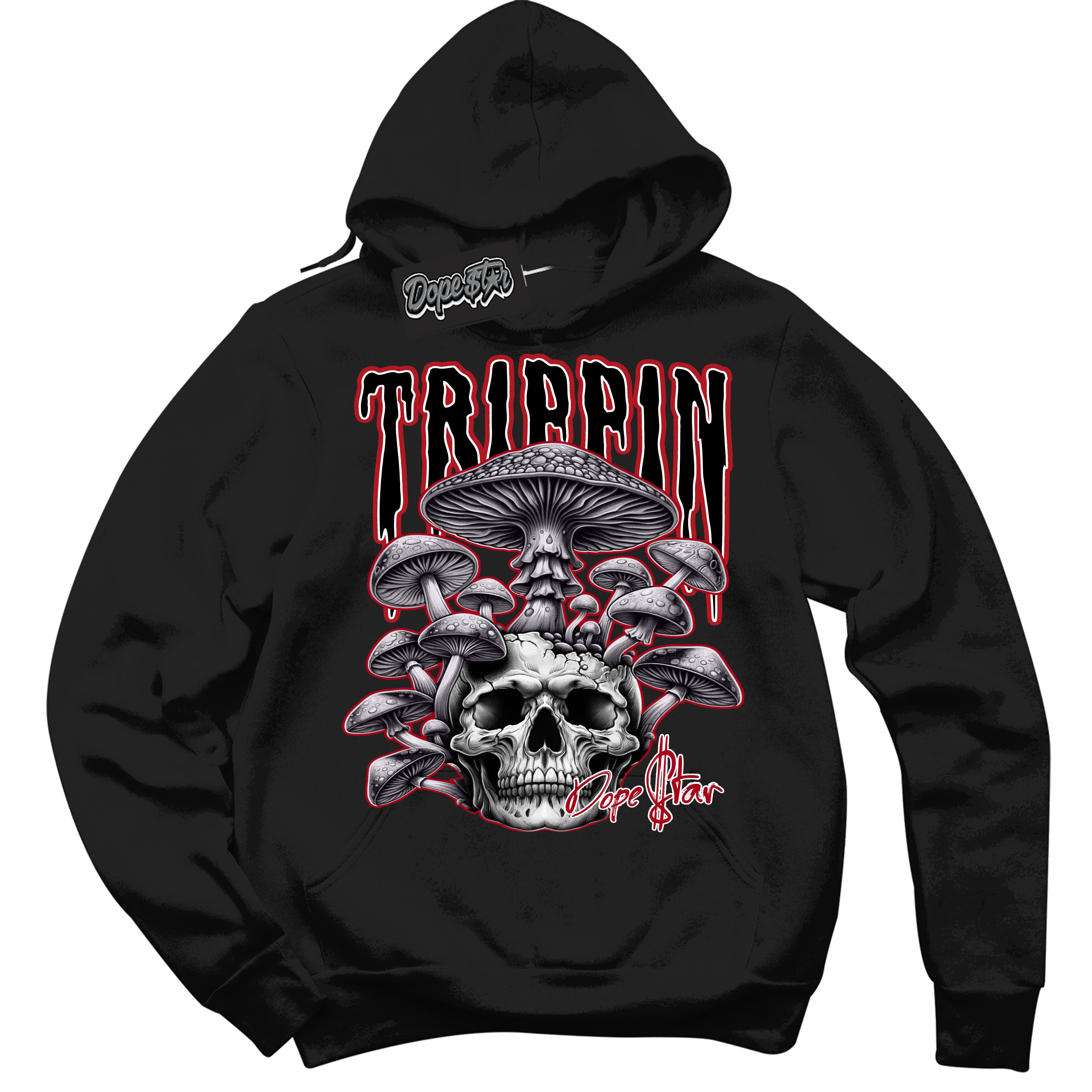 Cool Black Hoodie with “Trippin” design that Perfectly Matches Mid Bred Shadow 1s Sneakers.