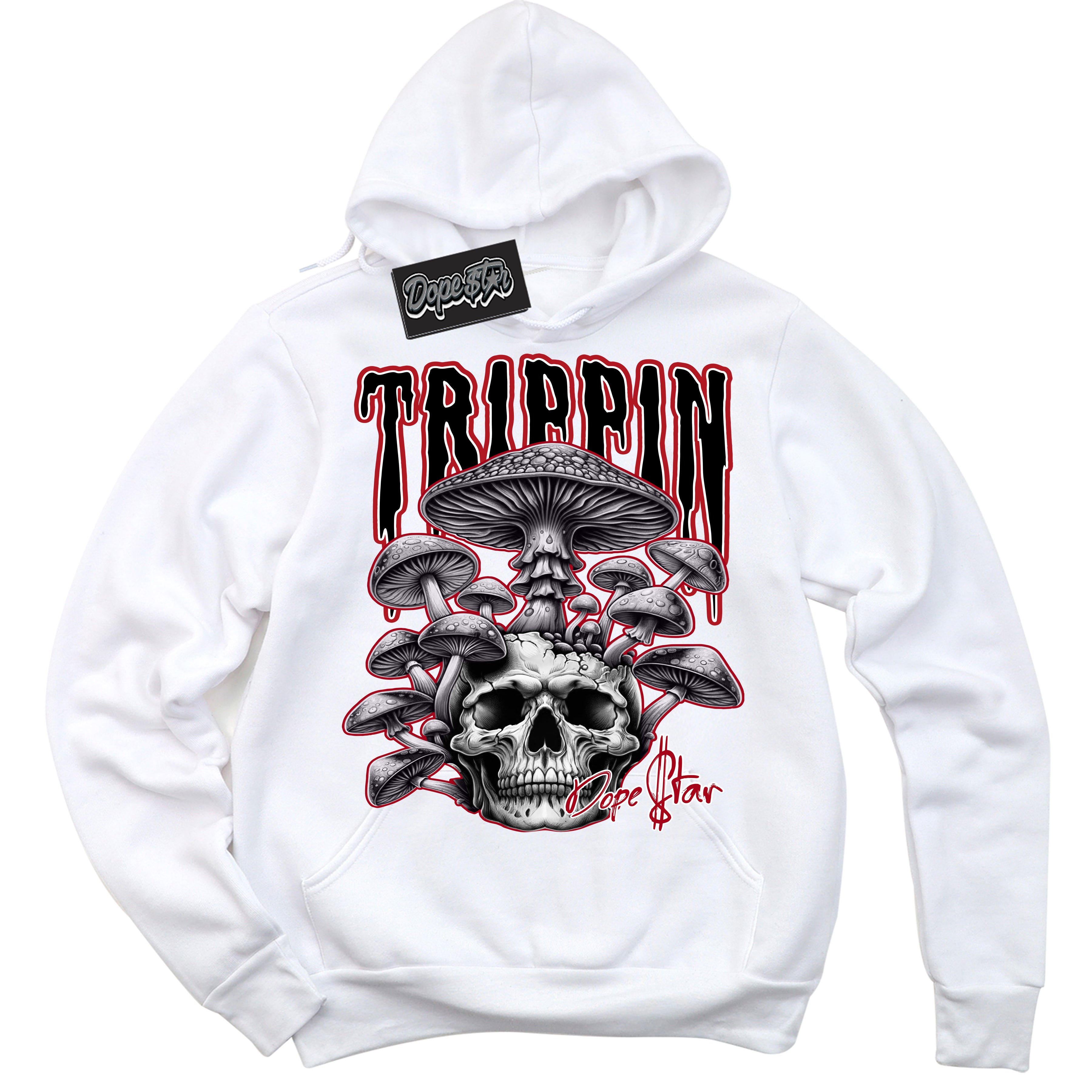 Cool White Hoodie with “Trippin” design that Perfectly Matches Mid Bred Shadow 1s Sneakers.