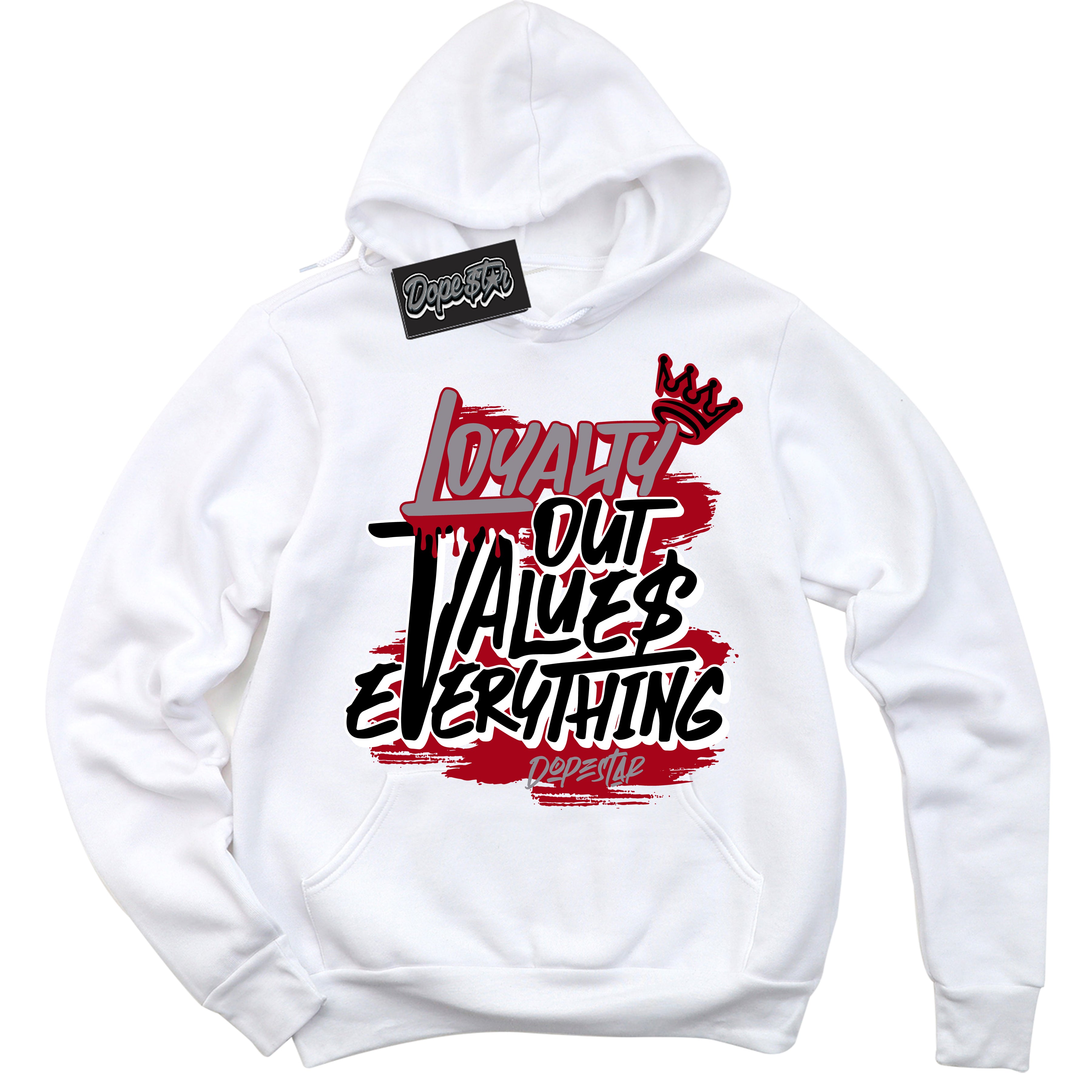 Cool White Hoodie with “ Loyalty Out Values Everything ”  design that Perfectly Matches Bred Shadow 1s Sneakers.