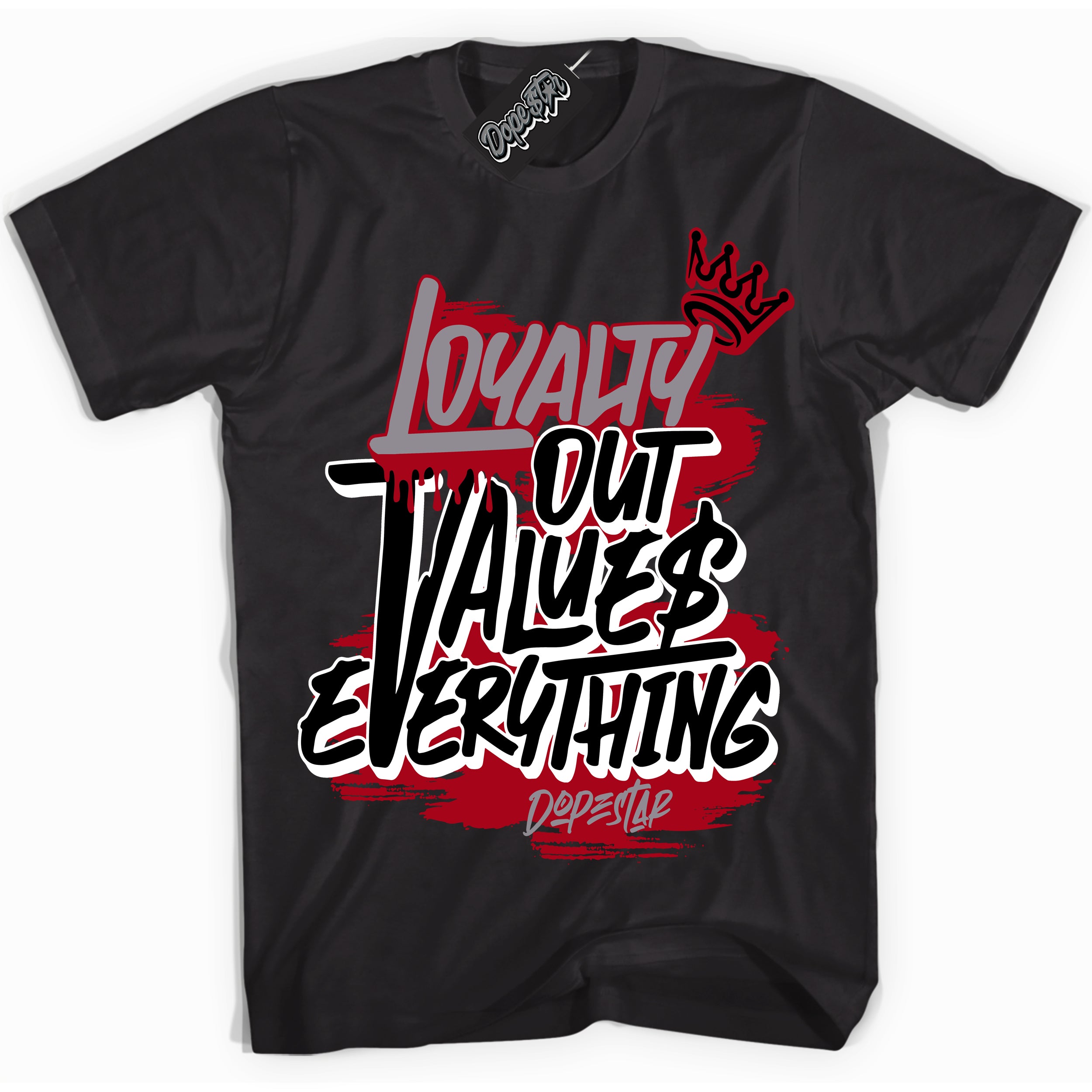 Cool Black Shirt with “ Loyalty Out Values Everything” design that perfectly matches Bred Shadow 1s Sneakers.