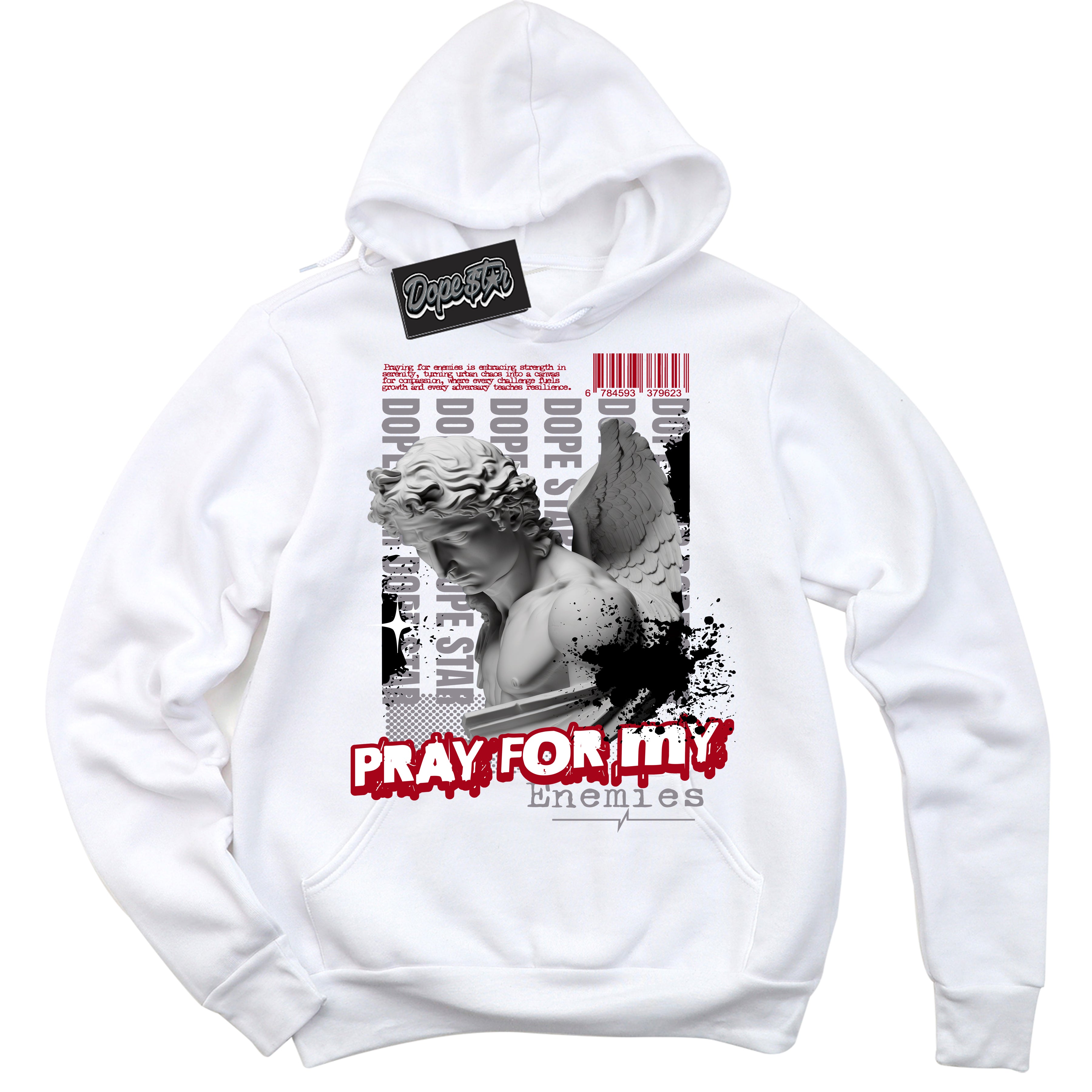 Cool White Hoodie with “ Pray Enemies ”  design that Perfectly Matches Bred Shadow 1s Sneakers.