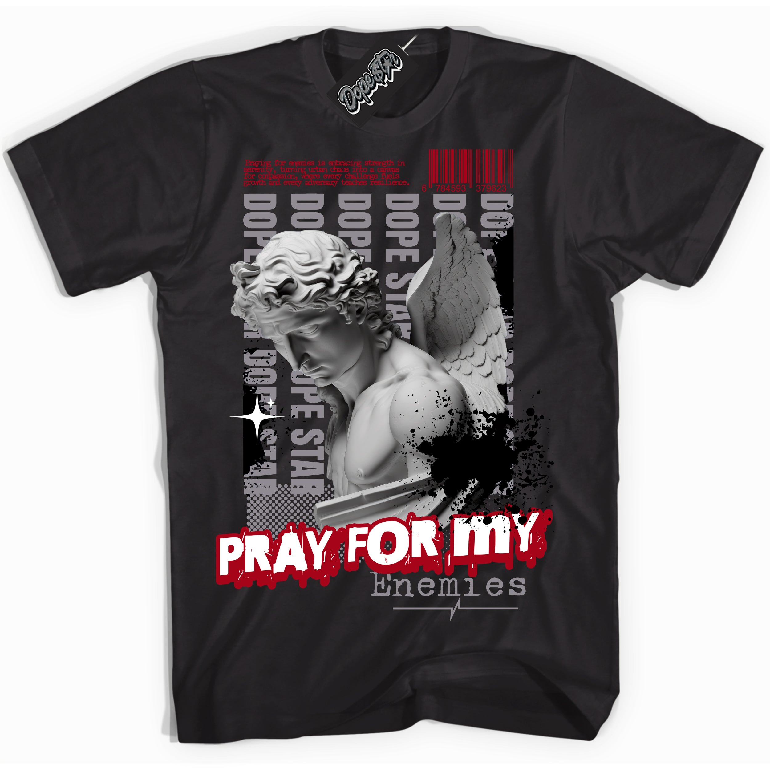 Cool Black Shirt with “ Pray Enemies” design that perfectly matches Bred Shadow 1s Sneakers.