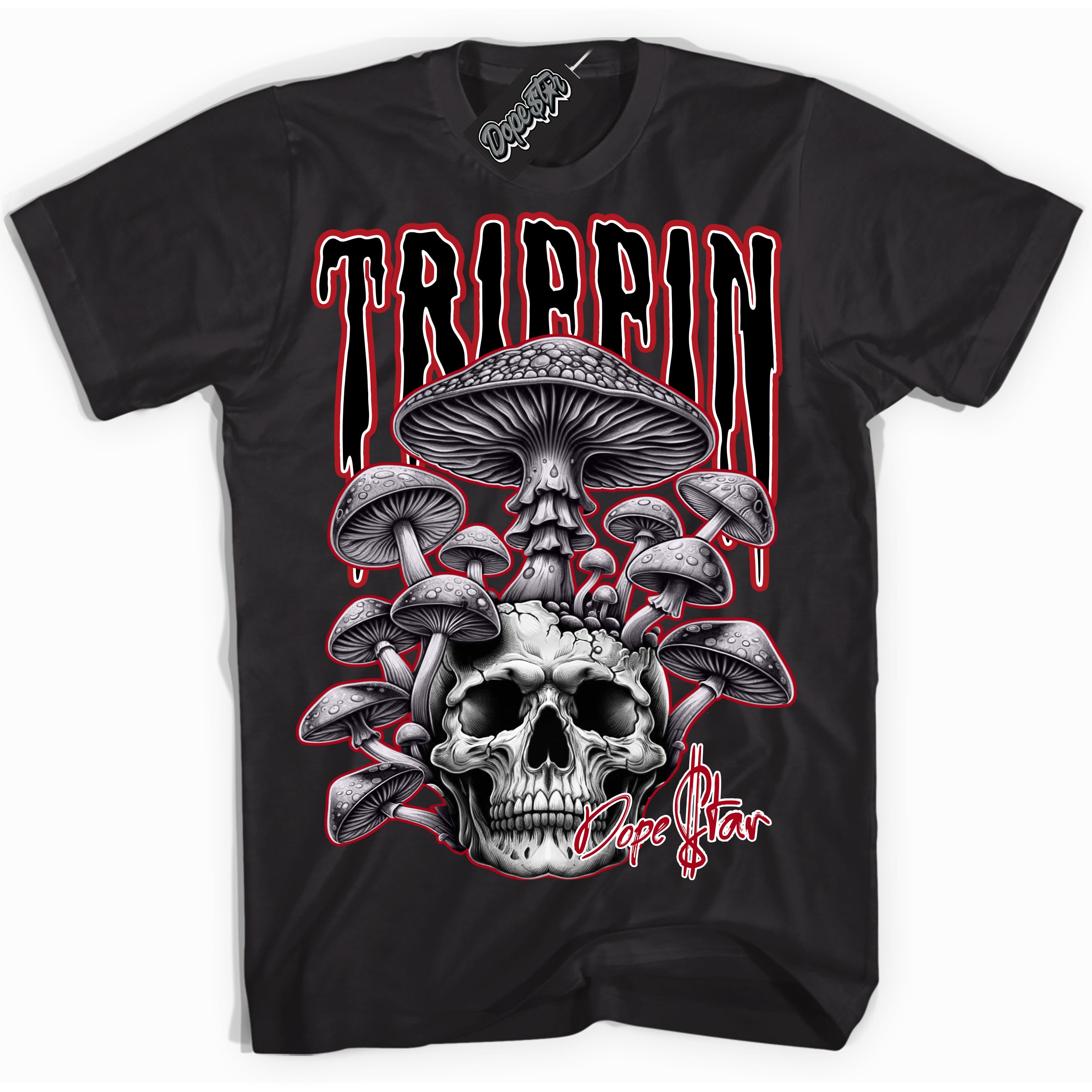 Cool Black Shirt with “Trippin” design that perfectly matches the Mid Bred Shadow 1s Sneakers.