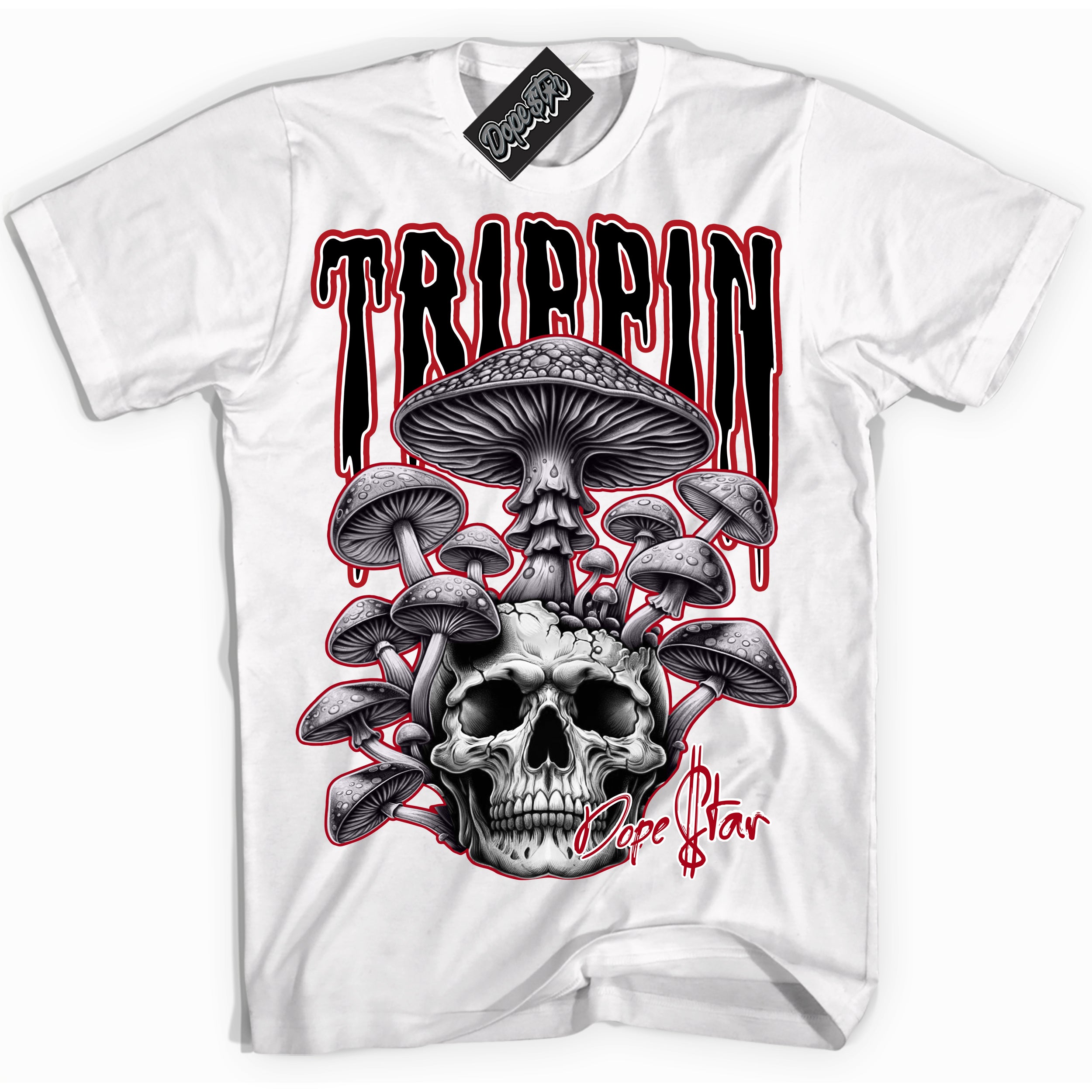 Cool White Shirt with “Trippin” design that perfectly matches the Mid Bred Shadow 1s Sneakers.