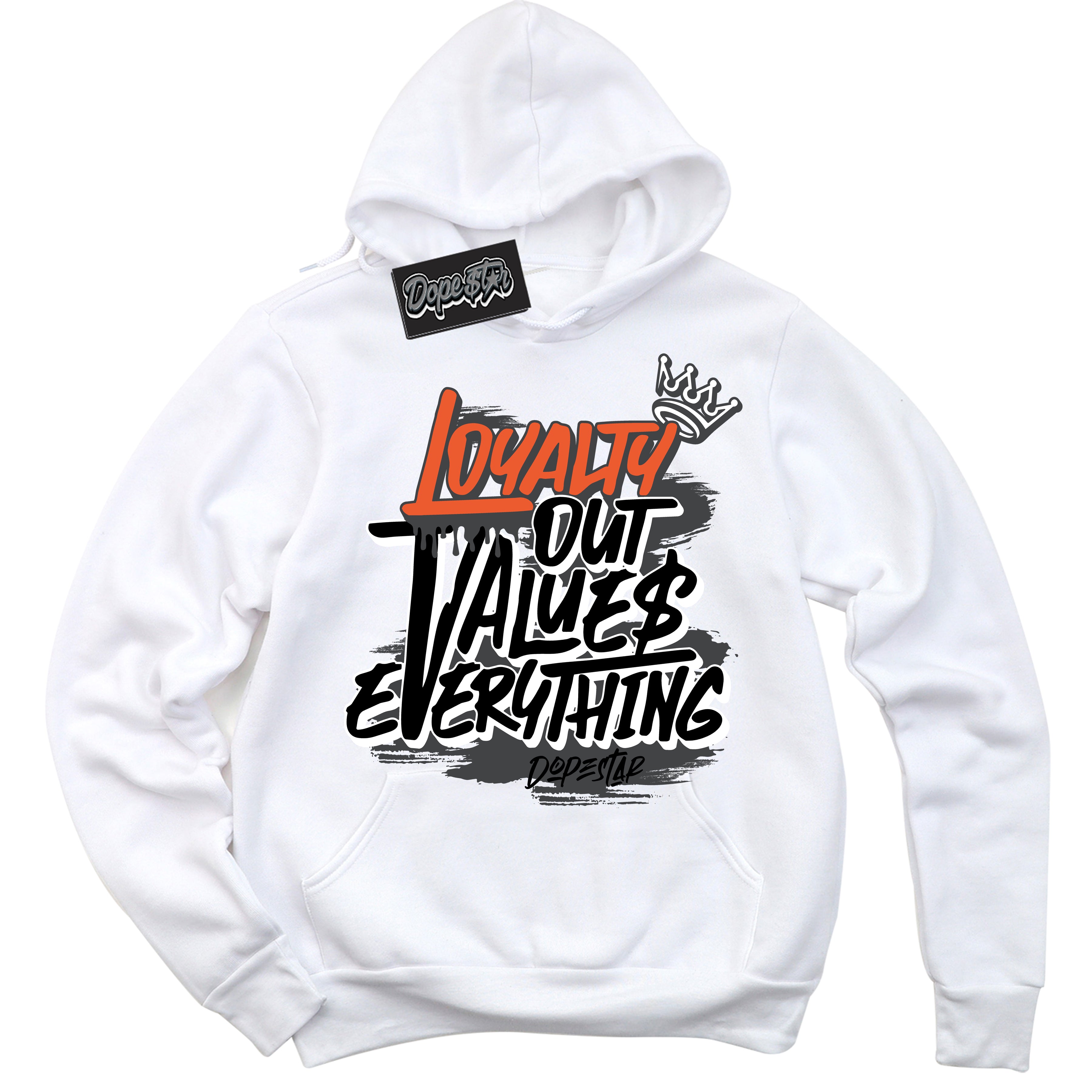 Cool White Hoodie with “ Loyalty Out Values Everything ”  design that Perfectly Matches Stash 1s Sneakers.