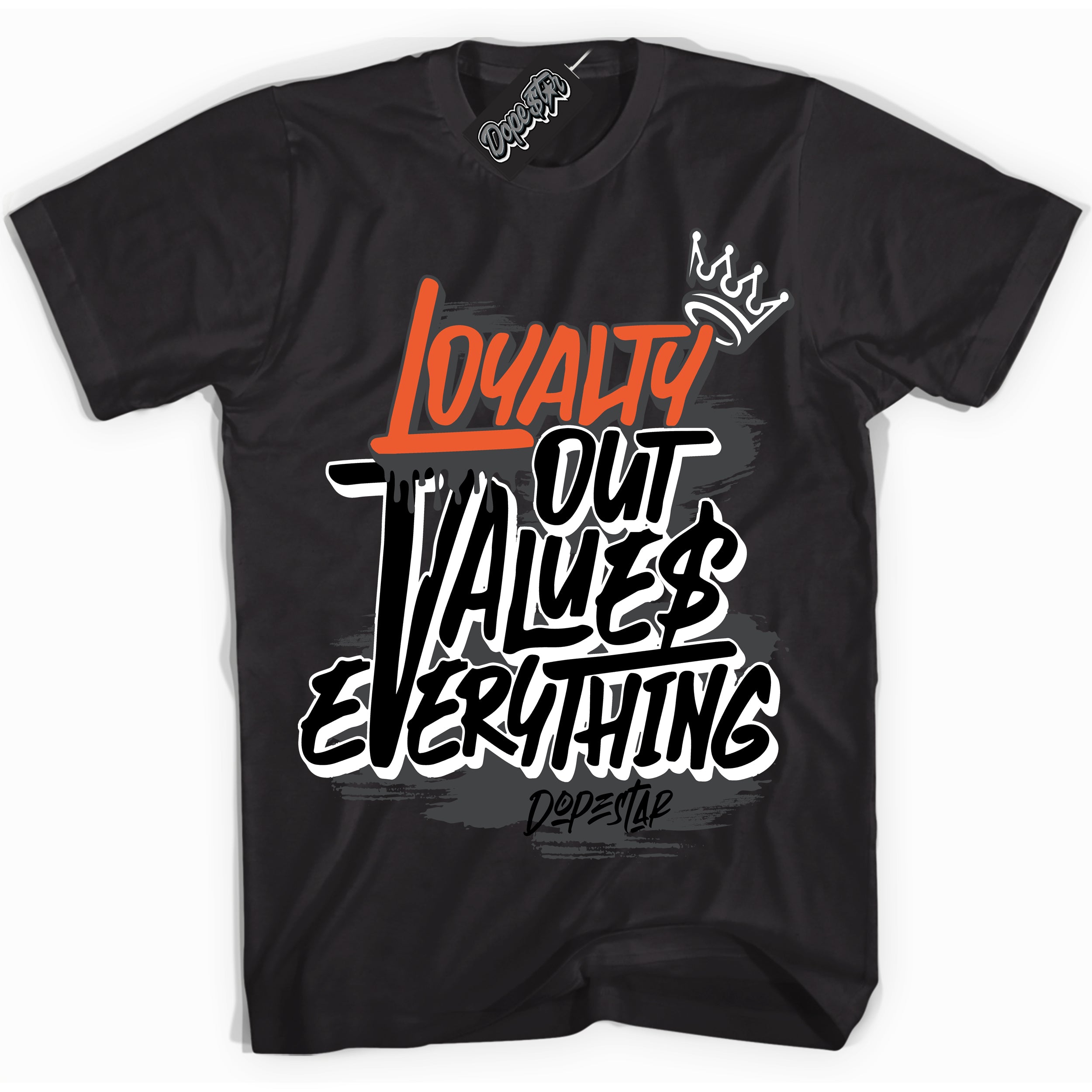 Cool Black Shirt with “ Loyalty Out Values Everything” design that perfectly matches Stash 1s Sneakers.