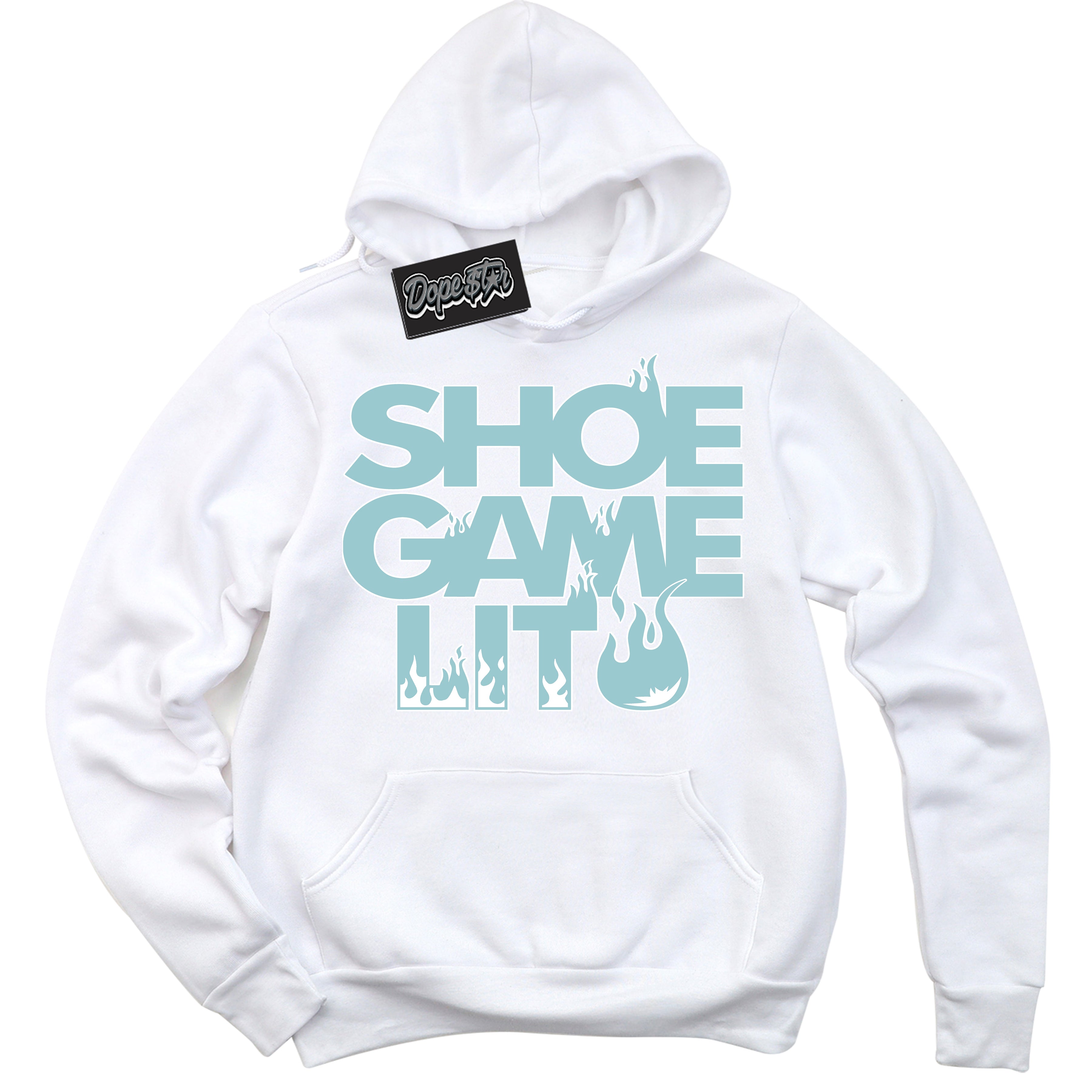 Cool White Hoodie with “ Shoe Game Lit '' design that Perfectly Matches  AJKO Bleached Aqua 1s Sneakers.