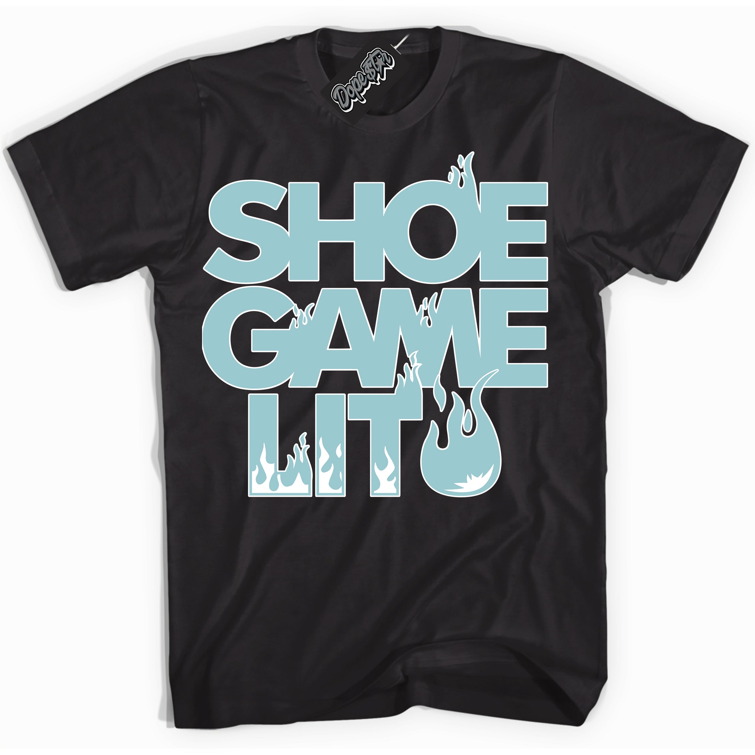 Cool Black Shirt with “ Shoe Game Lit ” design that perfectly matches AJKO Bleached Aqua 1s Sneakers.