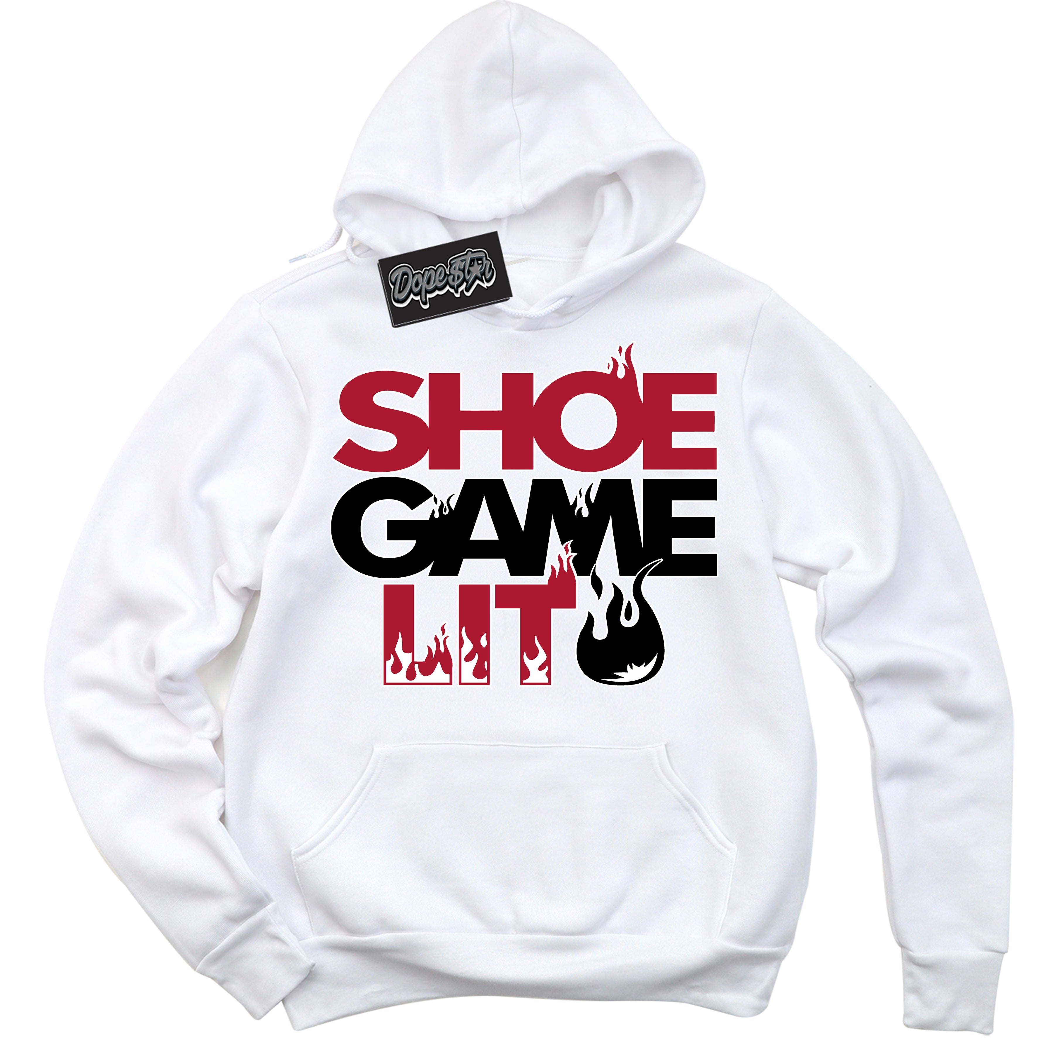 Cool White Hoodie with “ Shoe Game Lit '' design that Perfectly Matches  AJKO Bred 1s Sneakers.