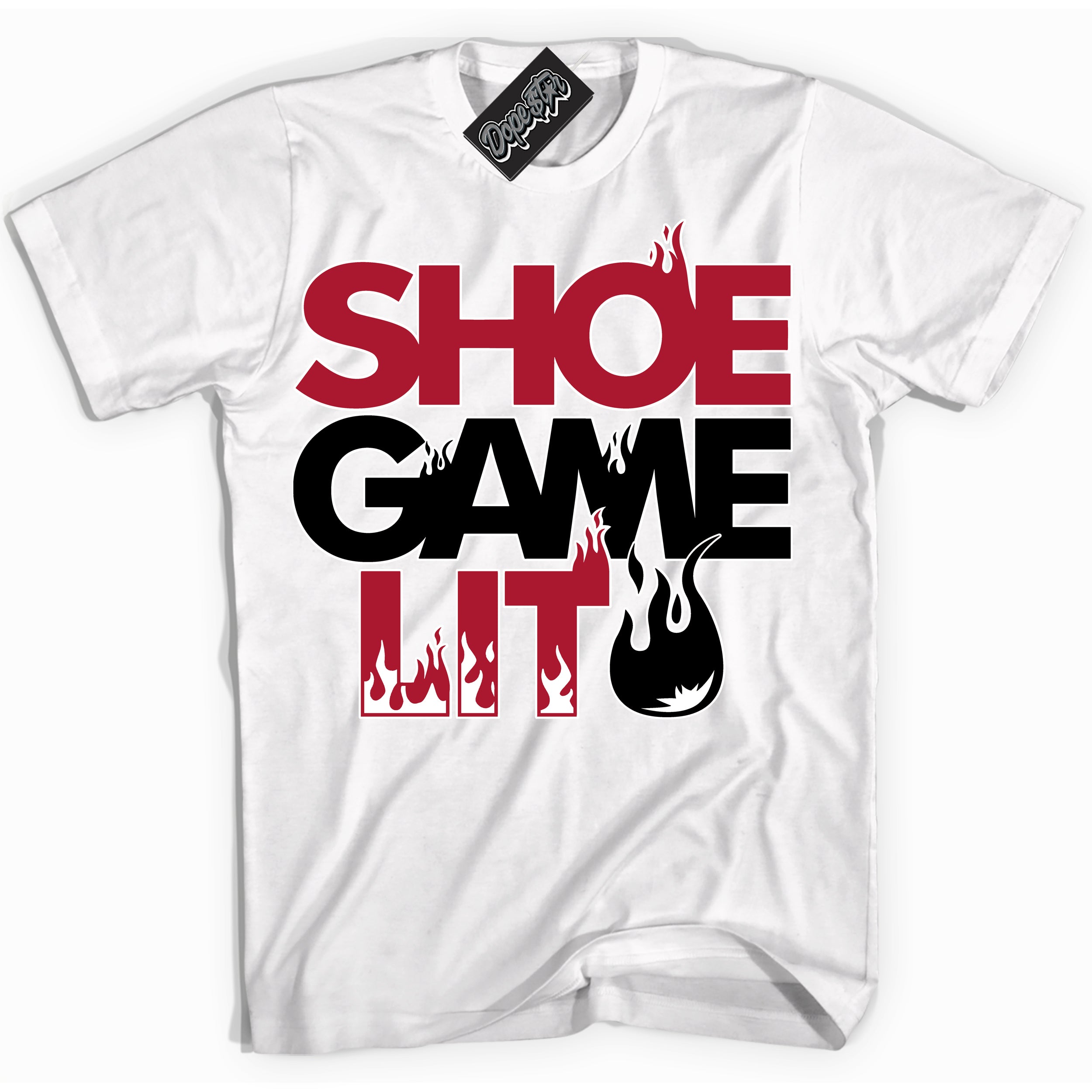 Cool White Shirt with “ Shoe Game Lit ” design that perfectly matches AJKO Bred 1s Sneakers.