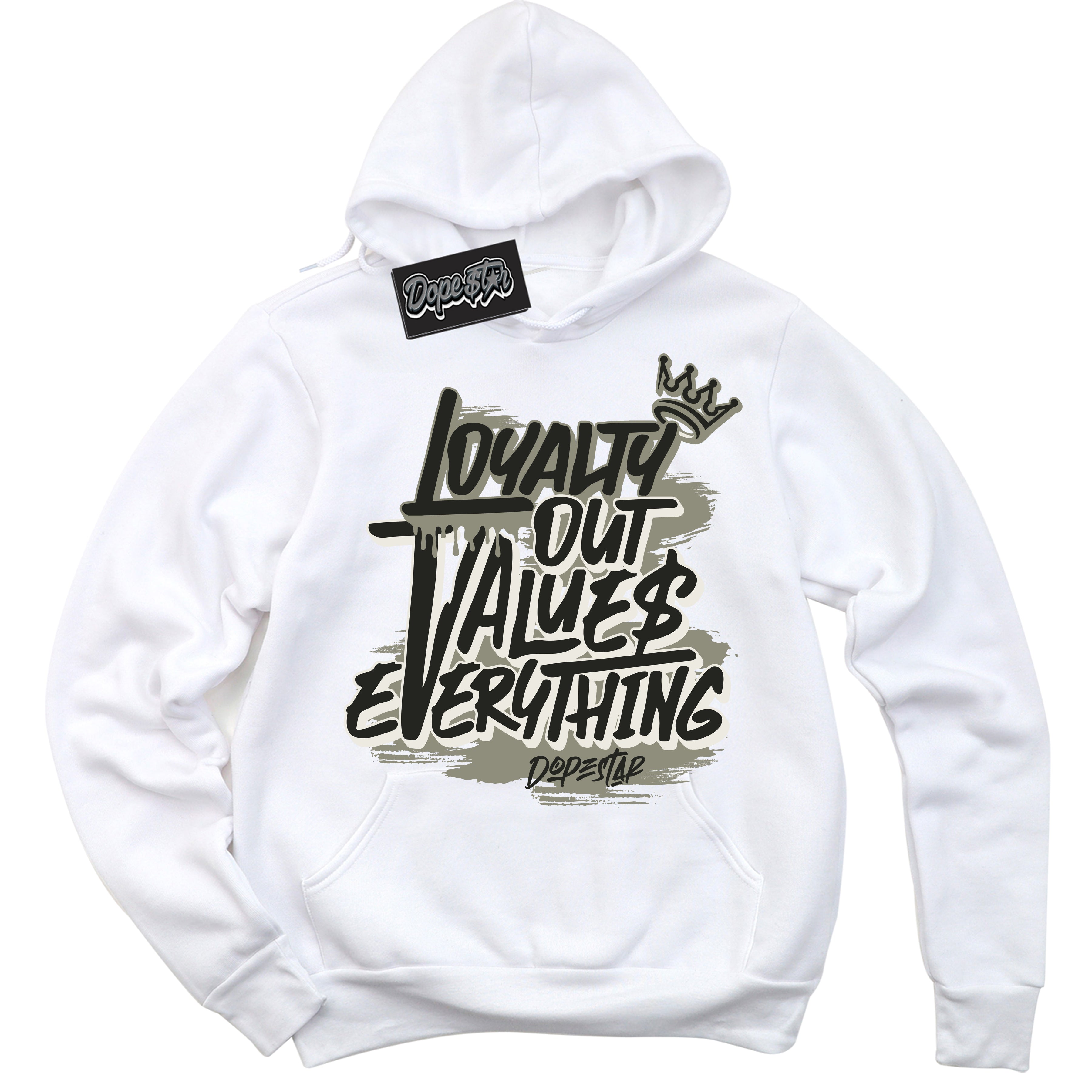 Cool White Hoodie with “ Loyalty Out Values Everything ”  design that Perfectly Matches AJKO Shadow 1s Sneakers.