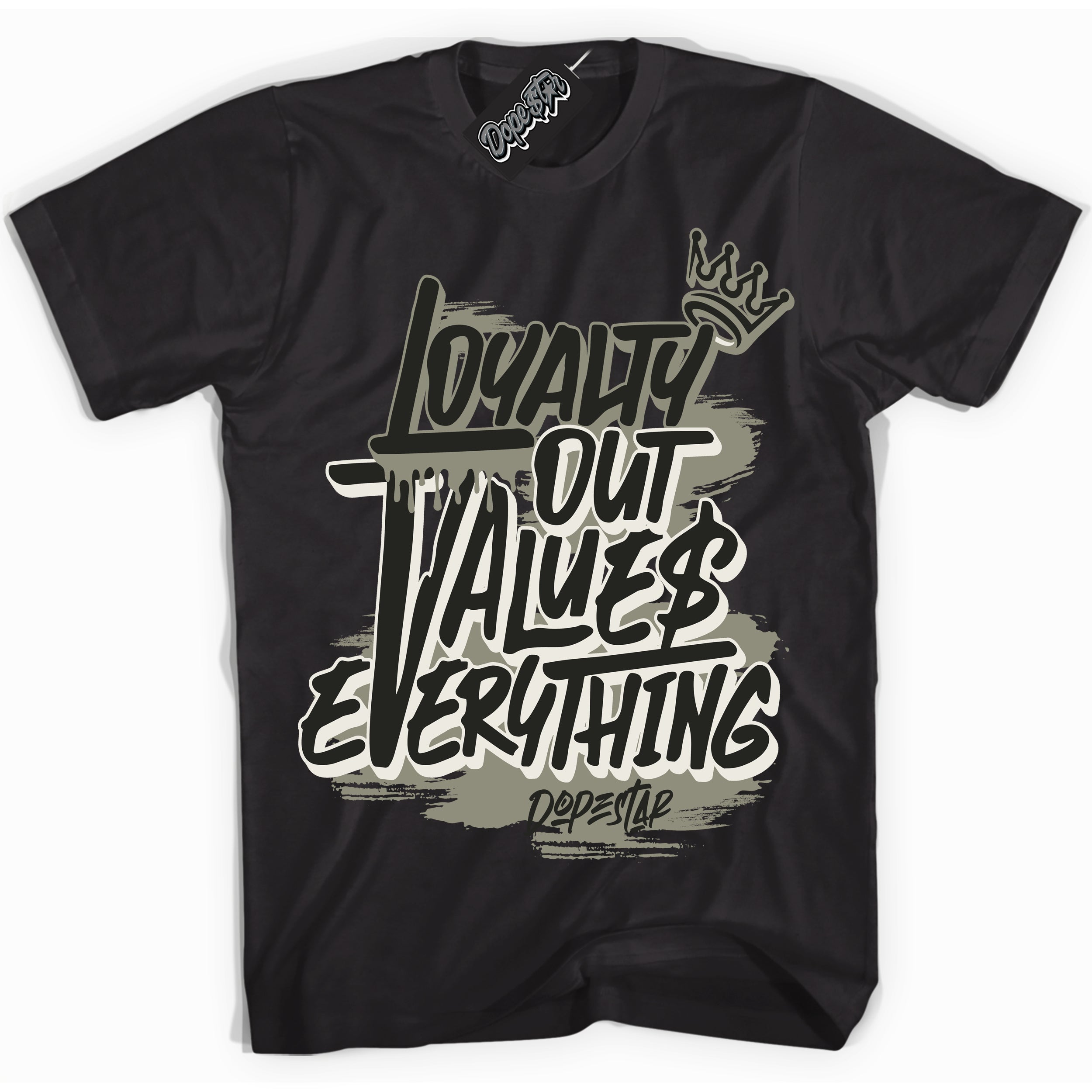 Cool Black Shirt with “ Loyalty Out Values Everything” design that perfectly matches AJKO Shadow 1s Sneakers.