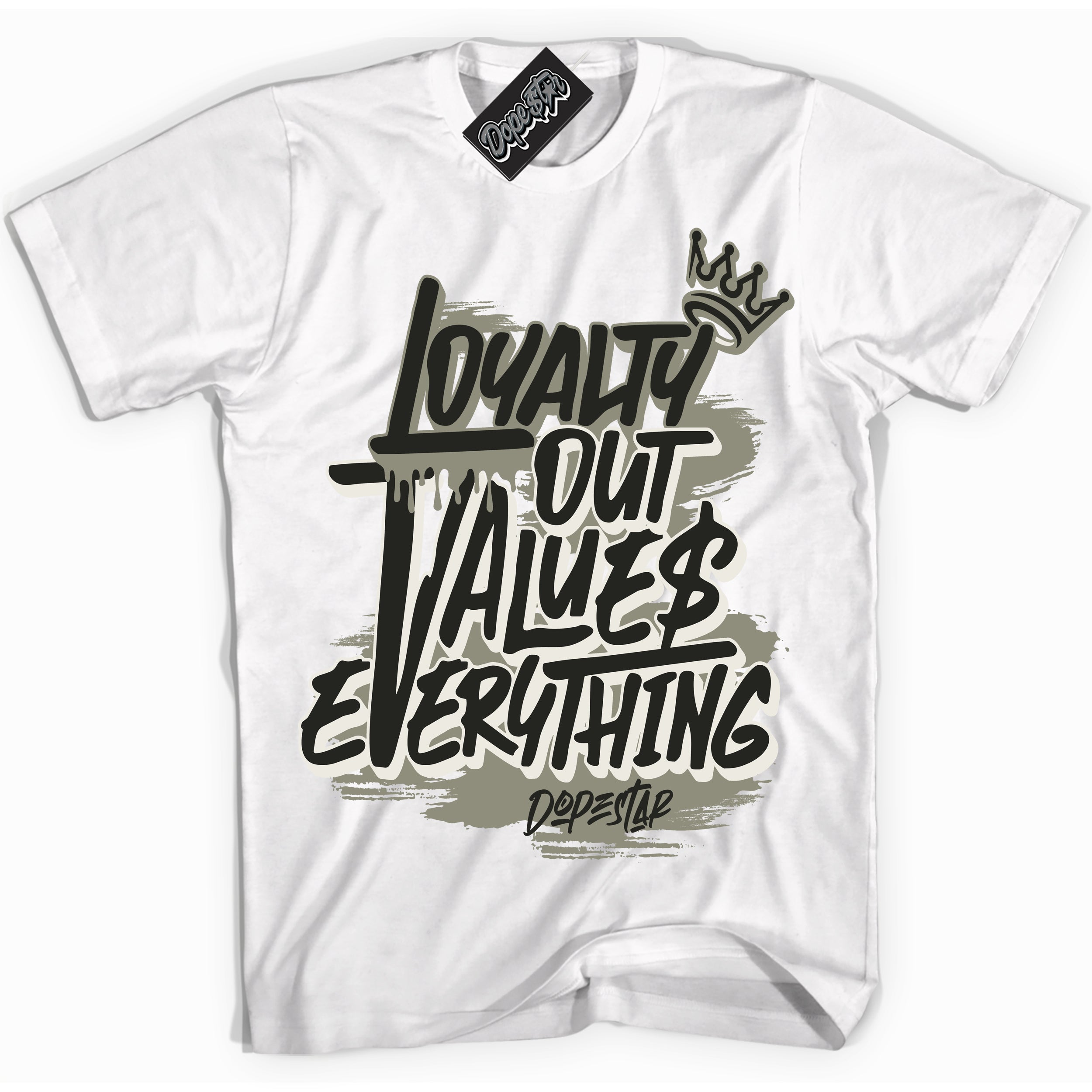 Cool White Shirt with “ Loyalty Out Values Everything” design that perfectly matches AJKO Shadow 1s Sneakers.