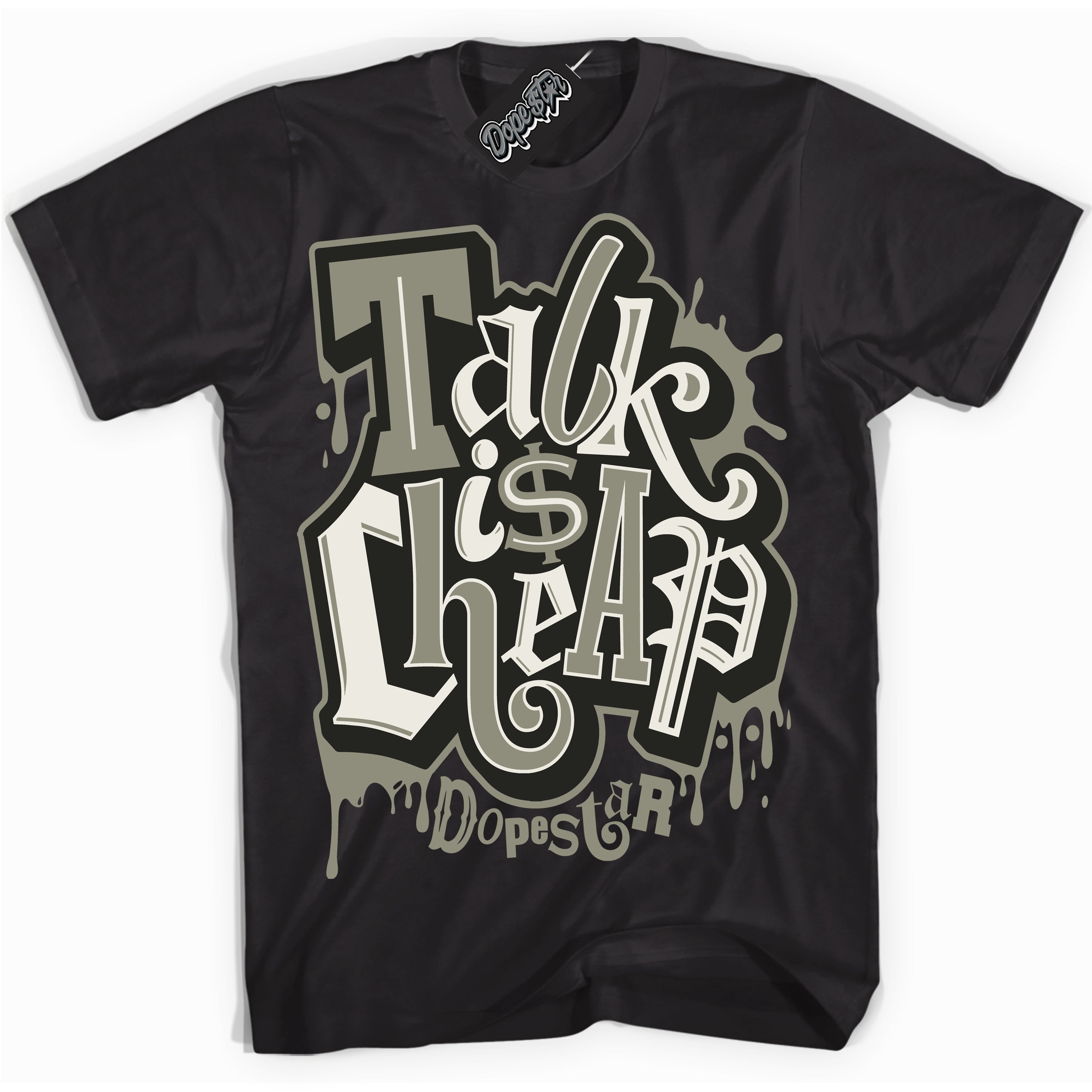 Cool Black Shirt with “ Talk Is Cheap” design that perfectly matches AJKO Shadow 1s Sneakers.