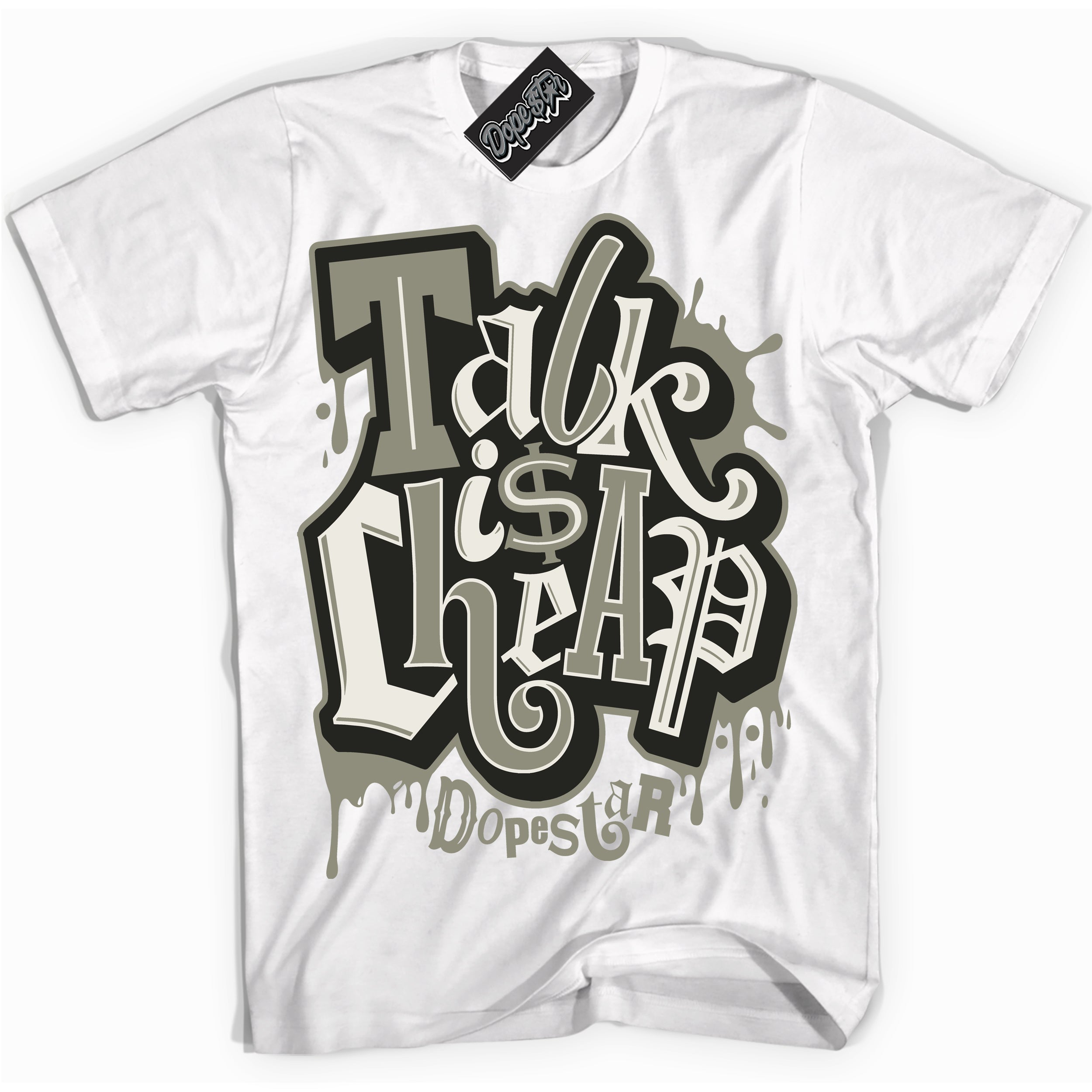 Cool White Shirt with “ Talk Is Cheap” design that perfectly matches AJKO Shadow 1s Sneakers.