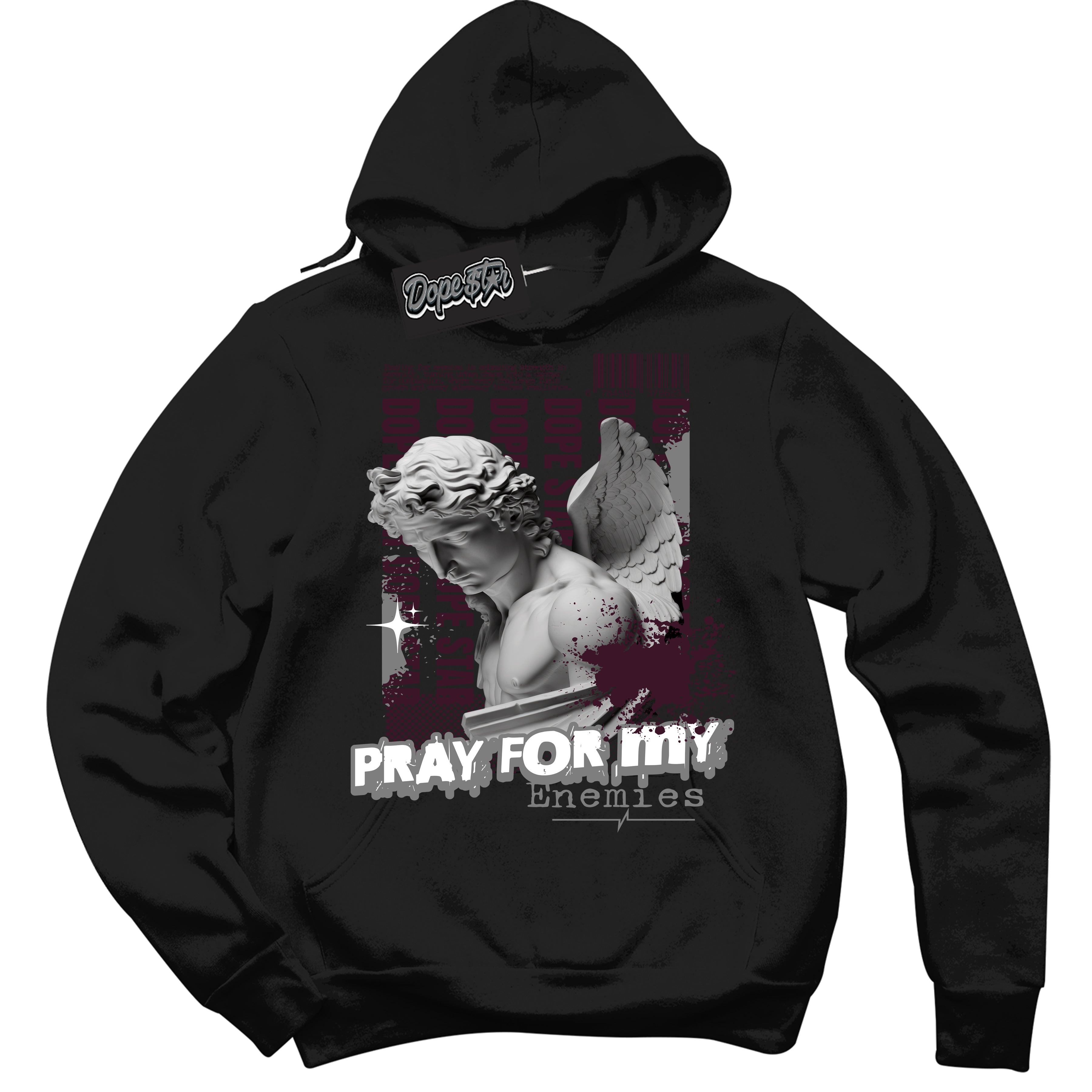 Cool Black Hoodie with “ Pray Enemies ”  design that Perfectly Matches Golf Bordeaux 1s Sneakers.