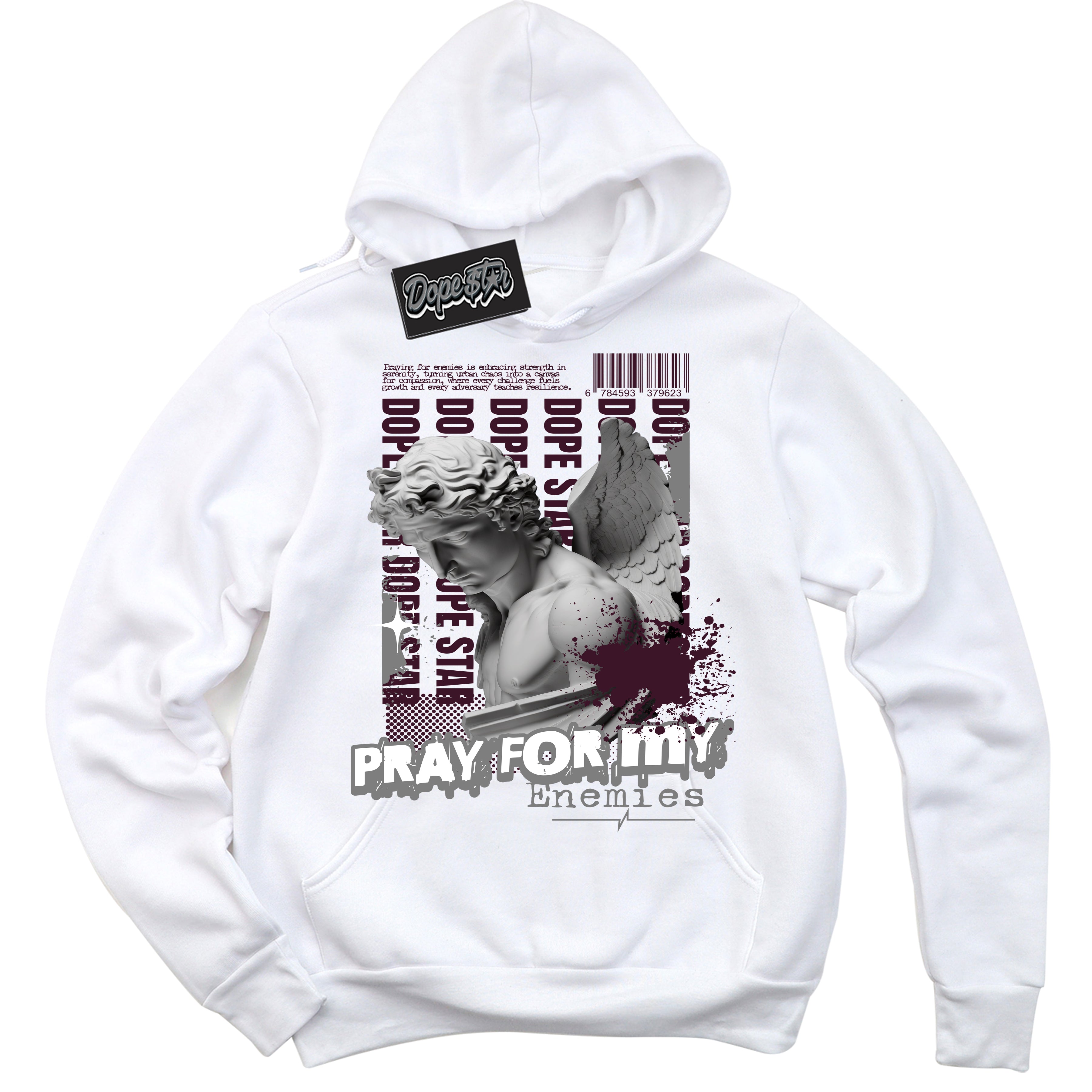 Cool White Hoodie with “ Pray Enemies ”  design that Perfectly Matches Golf Bordeaux 1s Sneakers.