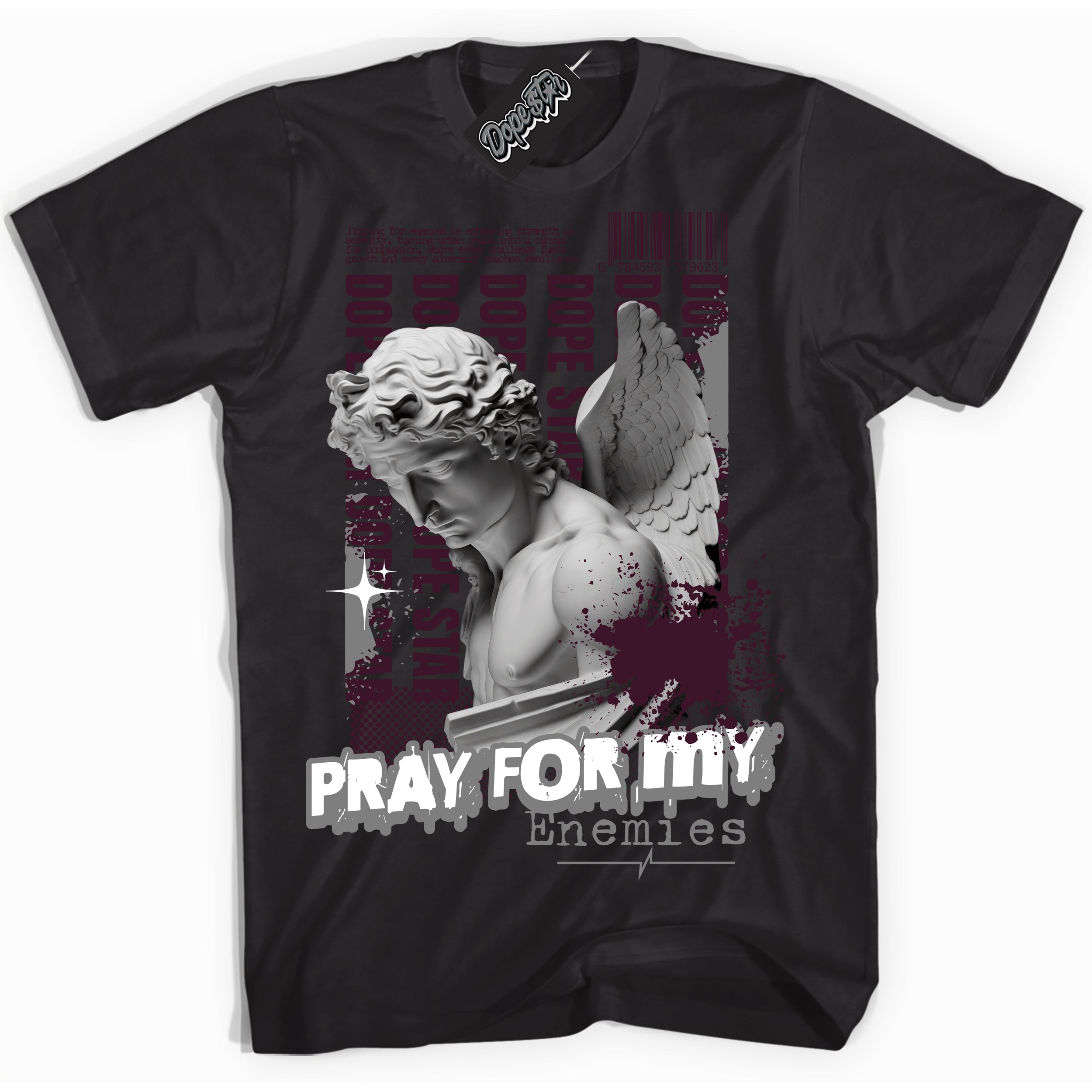 Cool Black Shirt with “ Pray Enemies” design that perfectly matches Golf Bordeaux 1s Sneakers.