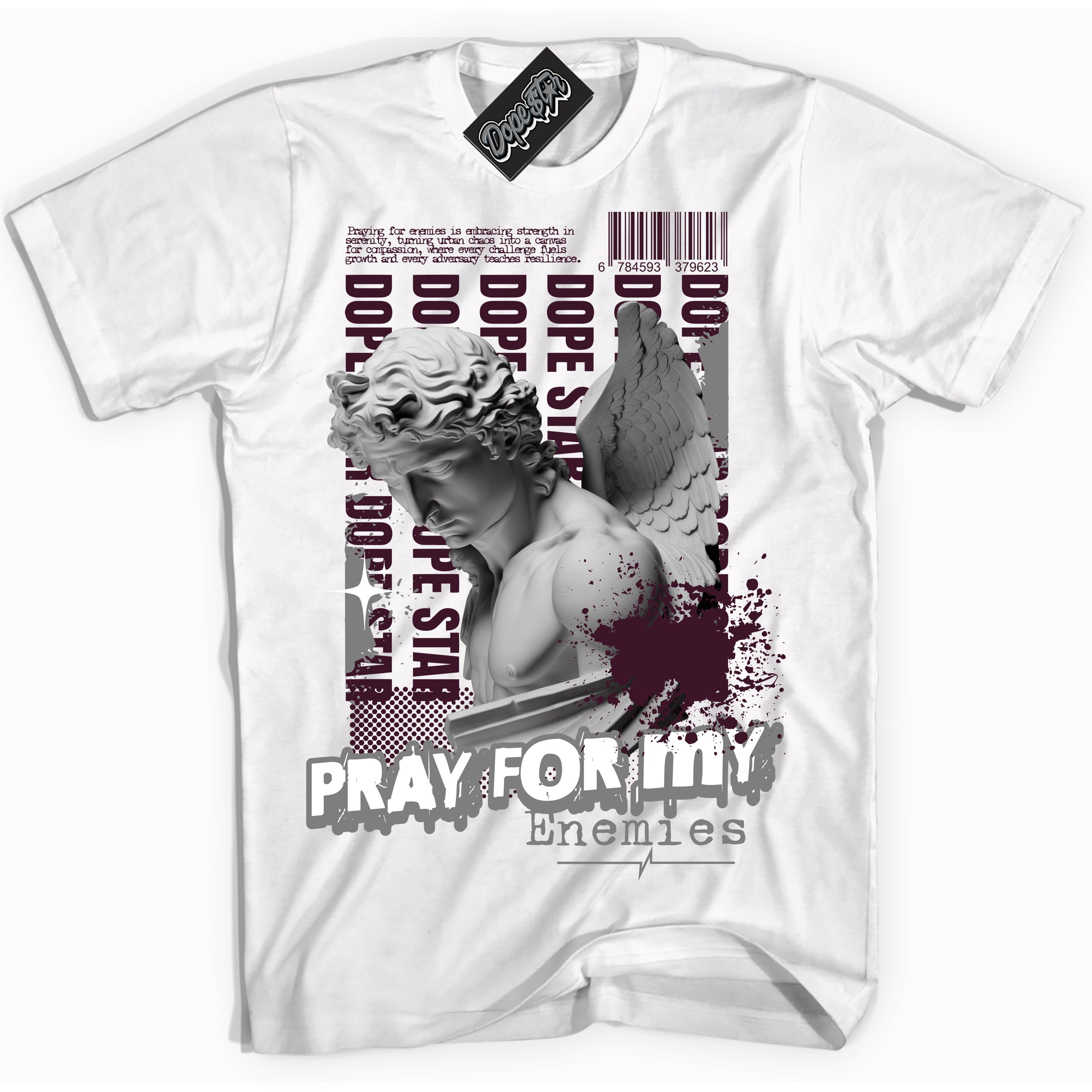 Cool White Shirt with “ Pray Enemies” design that perfectly matches Golf Bordeaux 1s Sneakers.