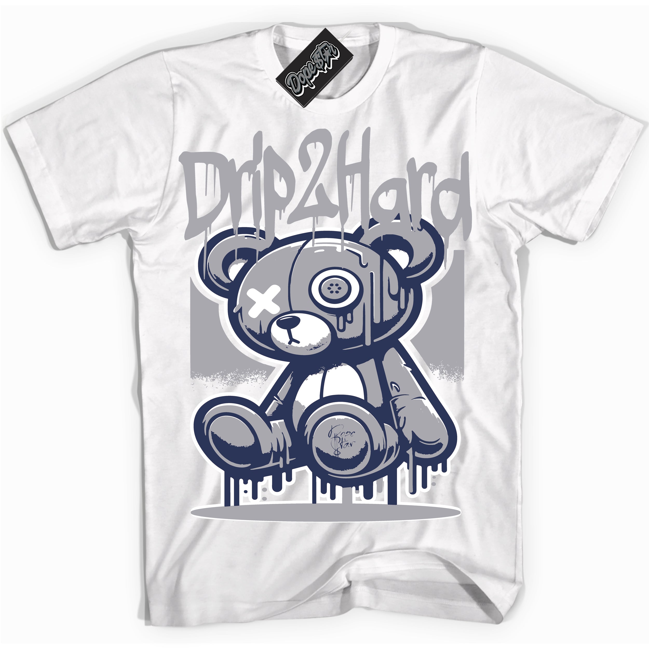 Cool White graphic tee with “ Drip 2 Hard ” design, that perfectly matches Golf Patent Midnight Navy 1s