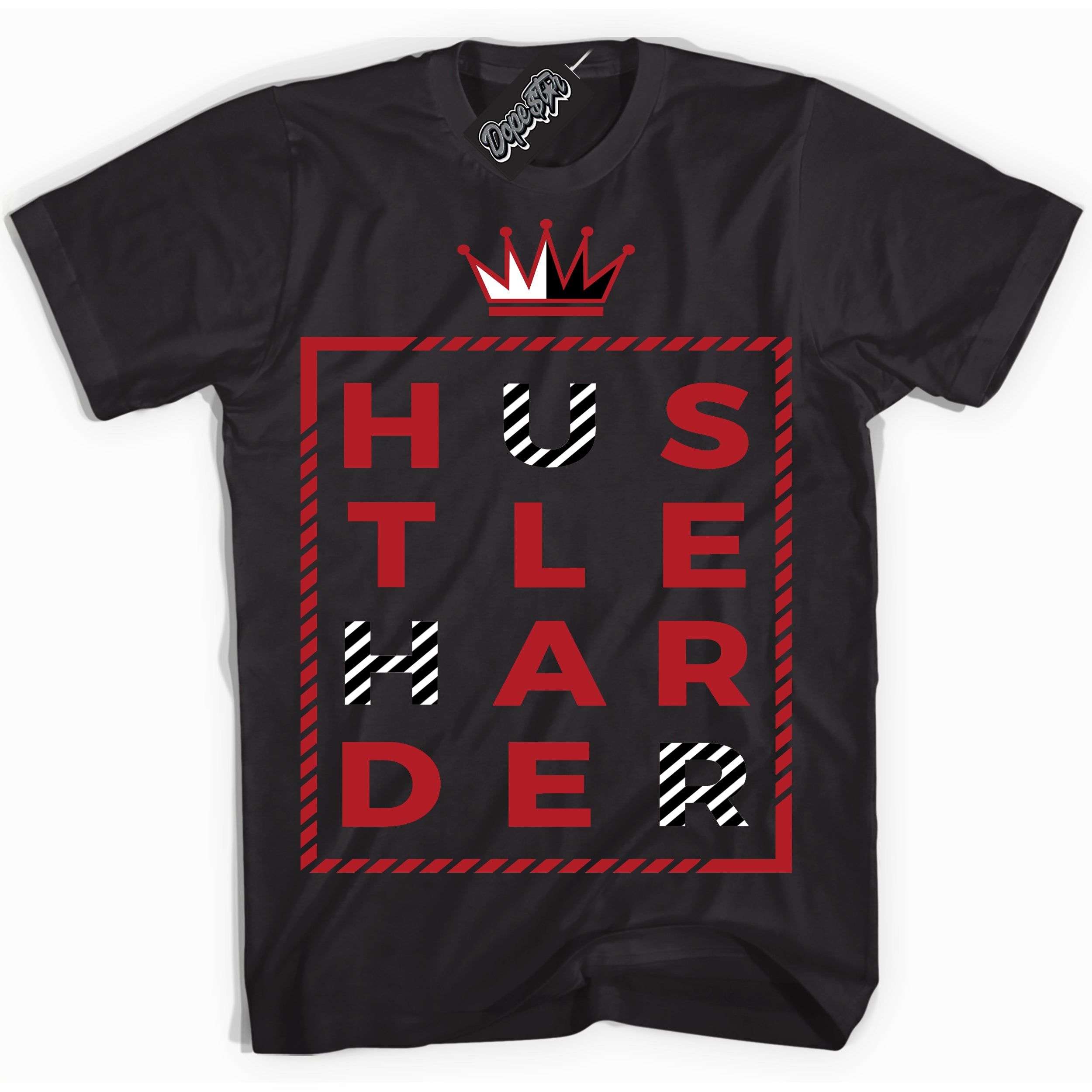 AJ1 Retro High OG Black Toe Reimagined 'Hustle Harder' Shirt - Black Streetwear Mockup | Sneakerhead T-shirt Matching Black Toe Reimagined AJ1 Highs| Limited Edition Jordan 1 Retro High OG Black Toe Reimagined Shirt for Men & Women | Drip with Your Black Toe Reimagined 1s Kicks | Sneakerhead Fashion Must-Have.