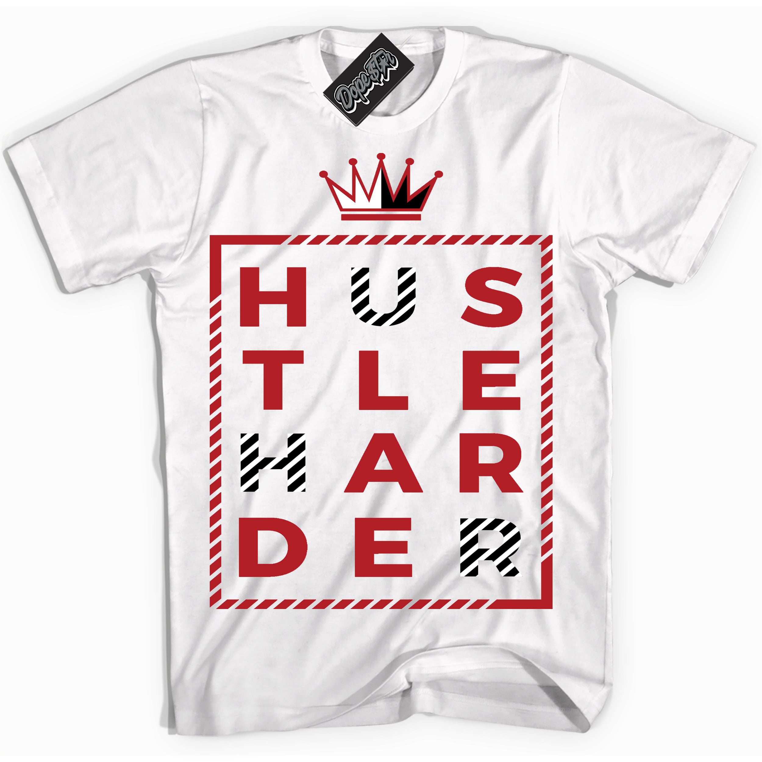 AJ1 Retro High OG Black Toe Reimagined 'Hustle Harder' Shirt - White Streetwear Mockup | Sneakerhead T-shirt Matching Black Toe Reimagined AJ1 Retro OG Highs | Limited Edition Jordan 1 Retro High OG Black Toe Reimagined Shirt for Men & Women | Drip with Your Black Toe Reimagined 1s Kicks | Sneakerhead Fashion Must-Have.