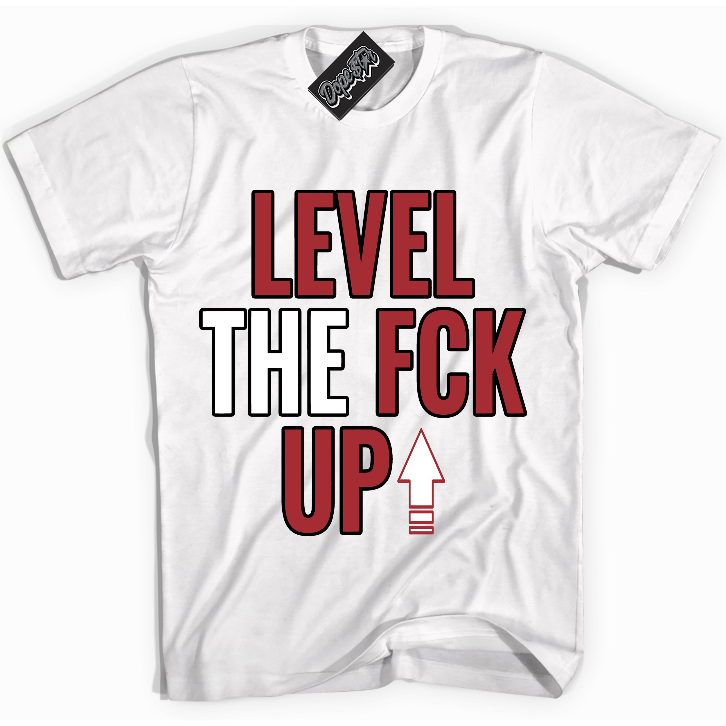 AJ1 Retro High OG Black Toe Reimagined 'Level The Fck Up' Shirt - White Streetwear Mockup | Sneakerhead T-shirt Matching Black Toe Reimagined AJ1 Retro OG Highs | Limited Edition Jordan 1 Retro High OG Black Toe Reimagined Shirt for Men & Women | Drip with Your Black Toe Reimagined 1s Kicks | Sneakerhead Fashion Must-Have.