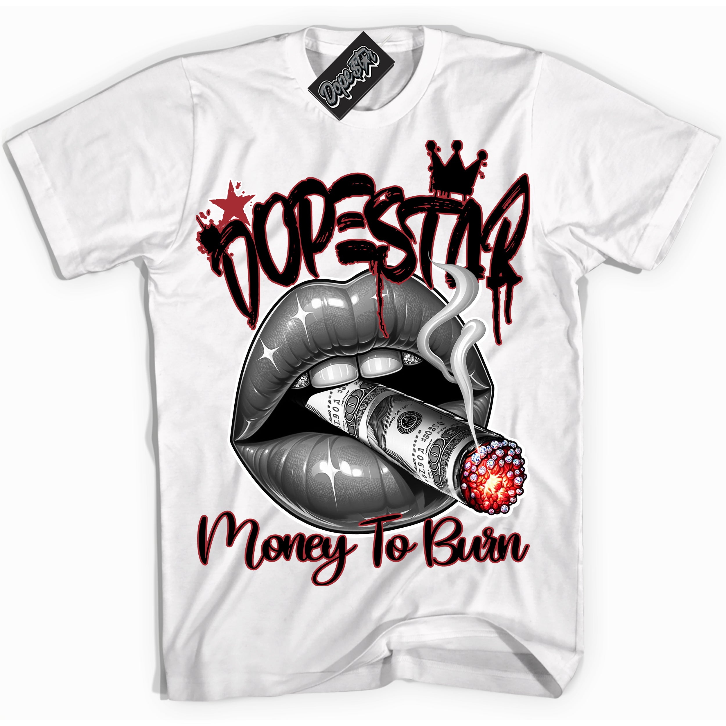 AJ1 Retro High OG Black Toe Reimagined 'Money To Burn' Shirt - White Streetwear Mockup | Sneakerhead T-shirt Matching Black Toe Reimagined AJ1 Retro OG Highs | Limited Edition Jordan 1 Retro High OG Black Toe Reimagined Shirt for Men & Women | Drip with Your Black Toe Reimagined 1s Kicks | Sneakerhead Fashion Must-Have.