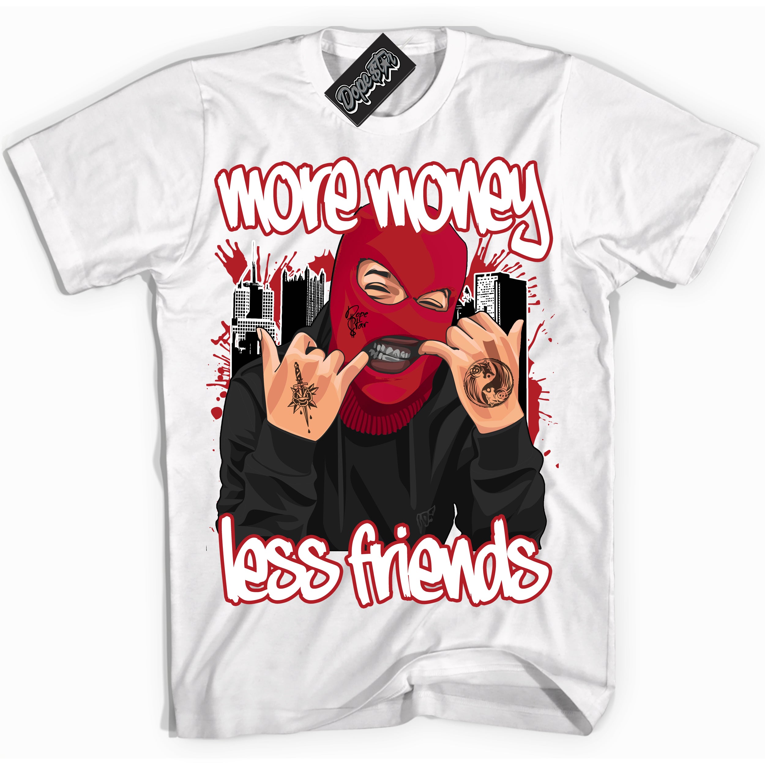 AJ1 Retro High OG Black Toe Reimagined 'More Money Less Friends' Shirt - White Streetwear Mockup | Sneakerhead T-shirt Matching Black Toe Reimagined AJ1 Retro OG Highs | Limited Edition Jordan 1 Retro High OG Black Toe Reimagined Shirt for Men & Women | Drip with Your Black Toe Reimagined 1s Kicks | Sneakerhead Fashion Must-Have.