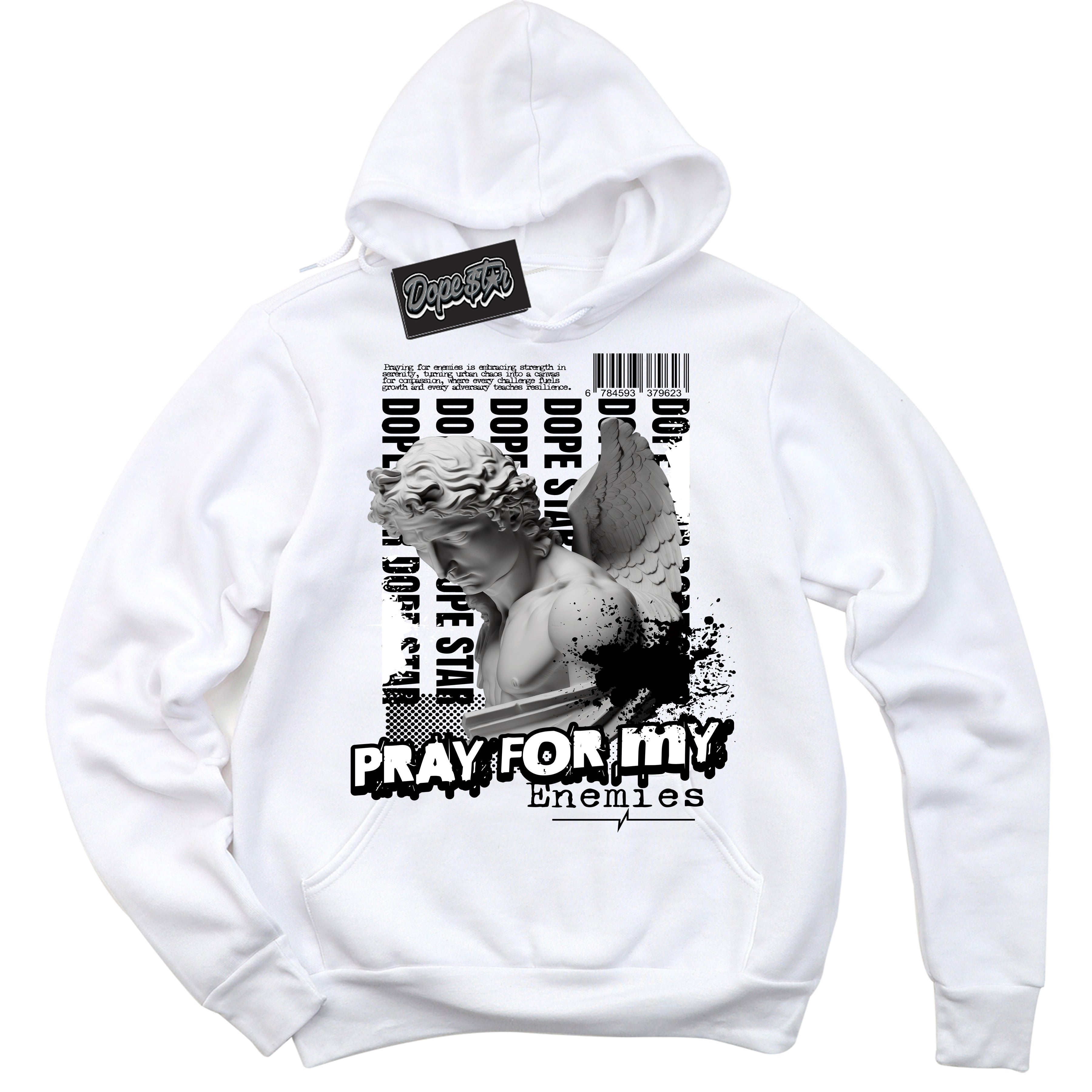 Cool White Hoodie with “ Pray Enemies ”  design that Perfectly Matches Black White 1s Sneakers.