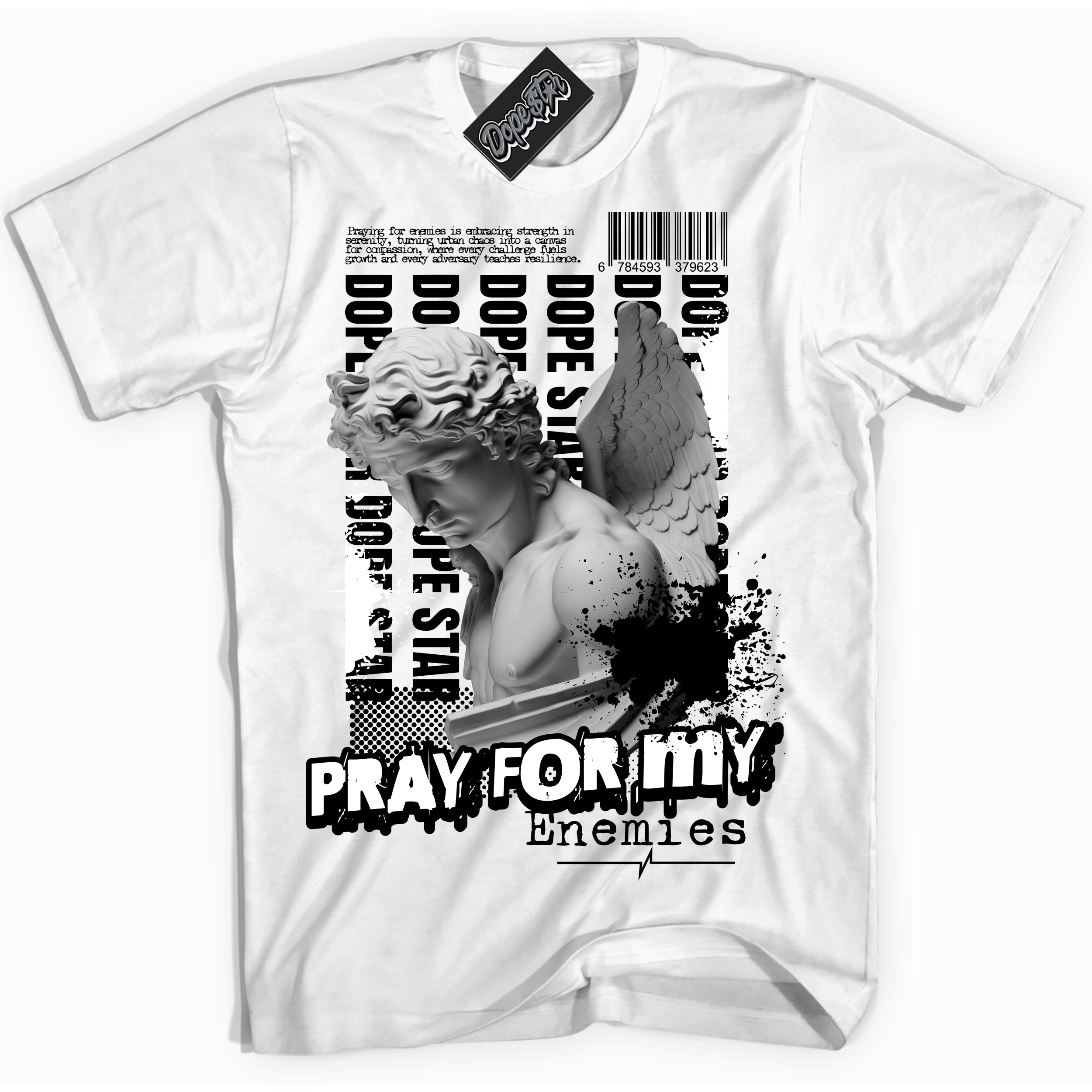 Cool White Shirt with “ Pray Enemies” design that perfectly matches Black White 1s Sneakers.