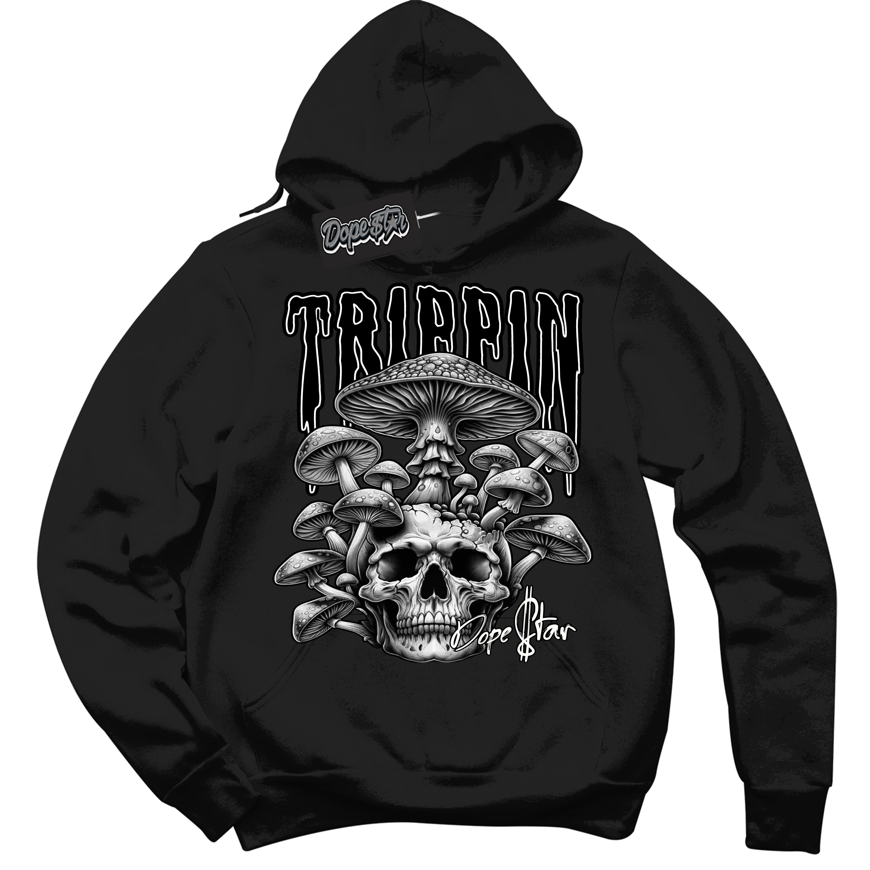 Cool Black Hoodie with “Trippin” design that Perfectly Matches Black White 1s Sneakers.