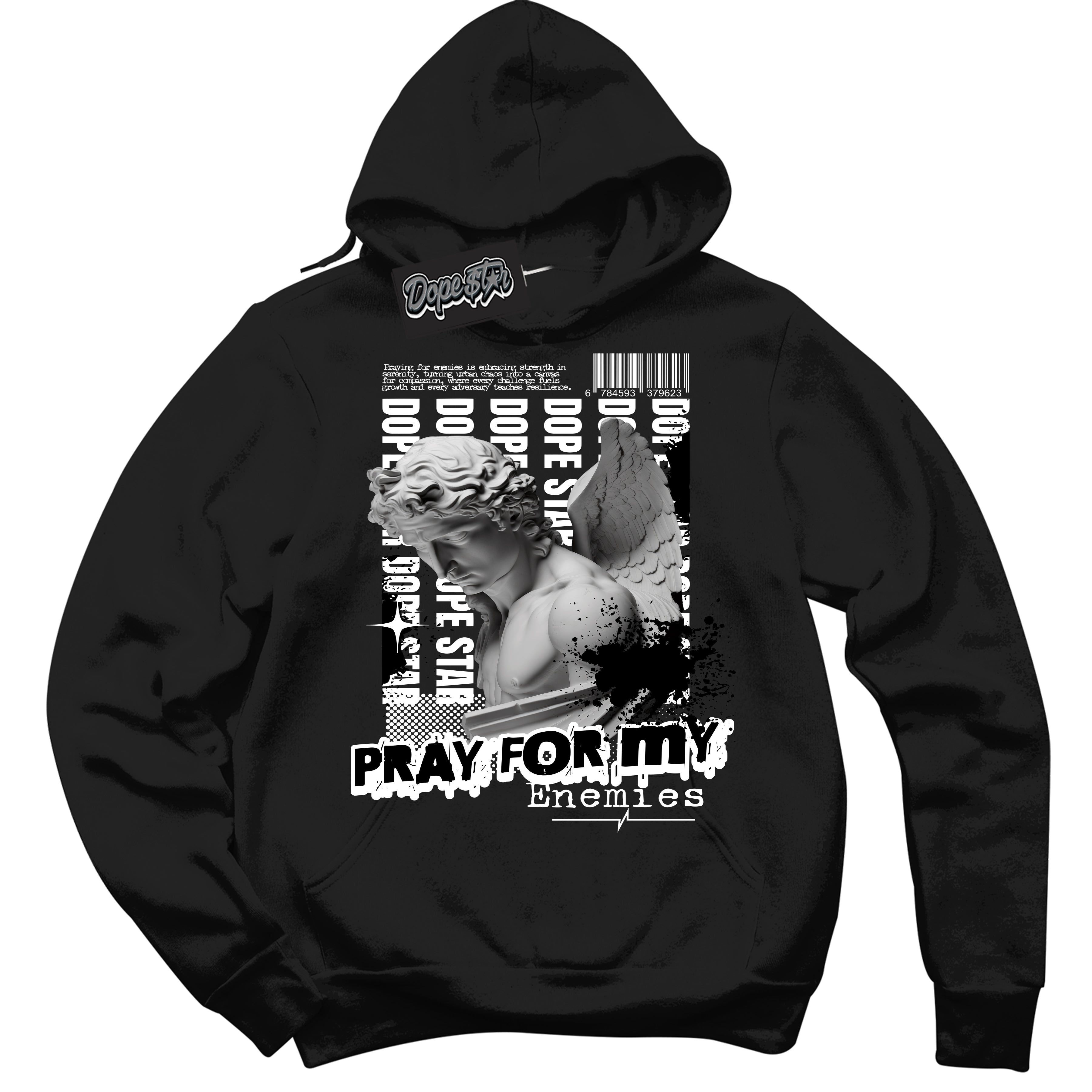 Cool Black Hoodie with “ Pray Enemies ”  design that Perfectly Matches Black White 1s Sneakers.