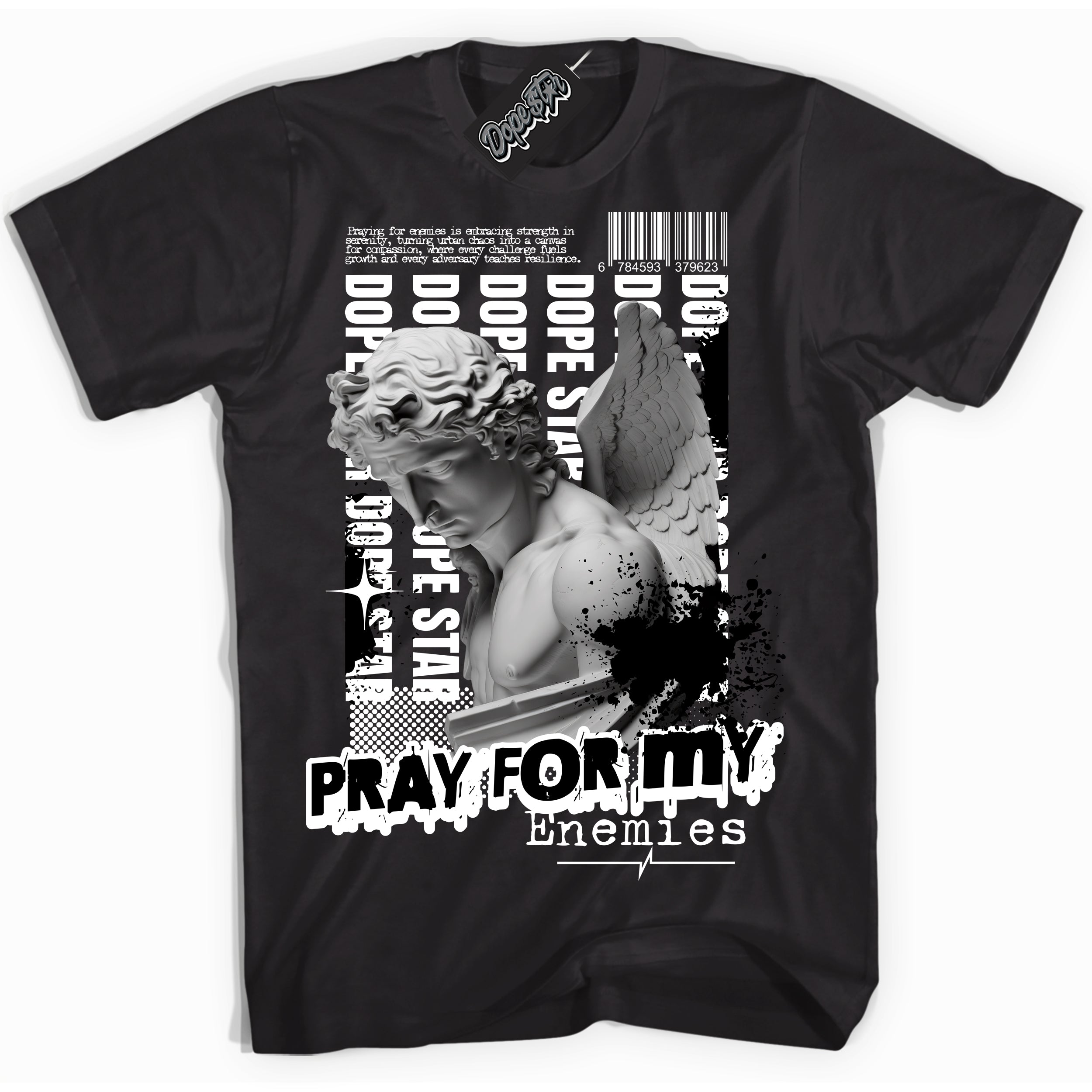 Cool Black Shirt with “ Pray Enemies” design that perfectly matches Black White 1s Sneakers.