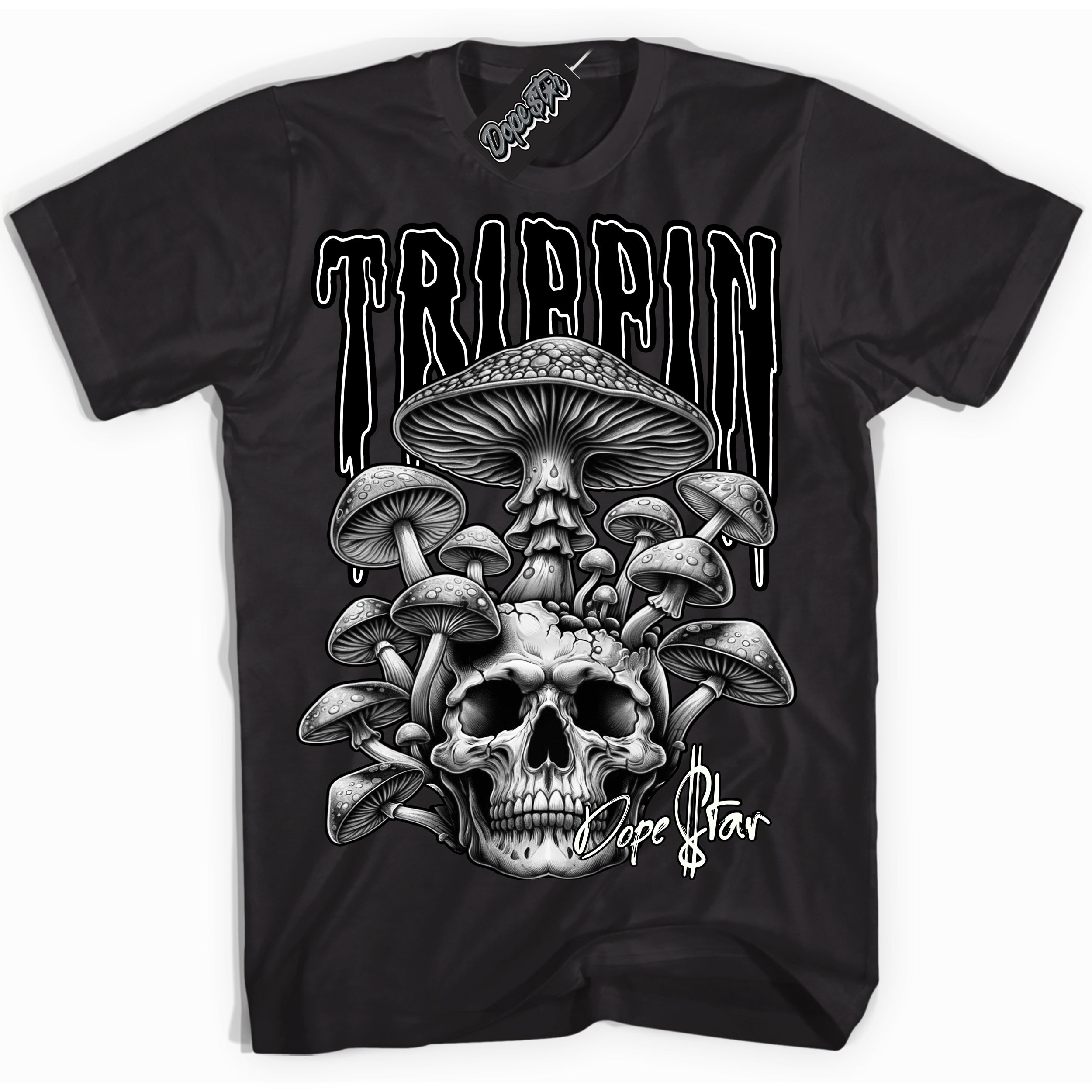 Cool Black Shirt with “Trippin” design that perfectly matches the Black White 1s Sneakers.