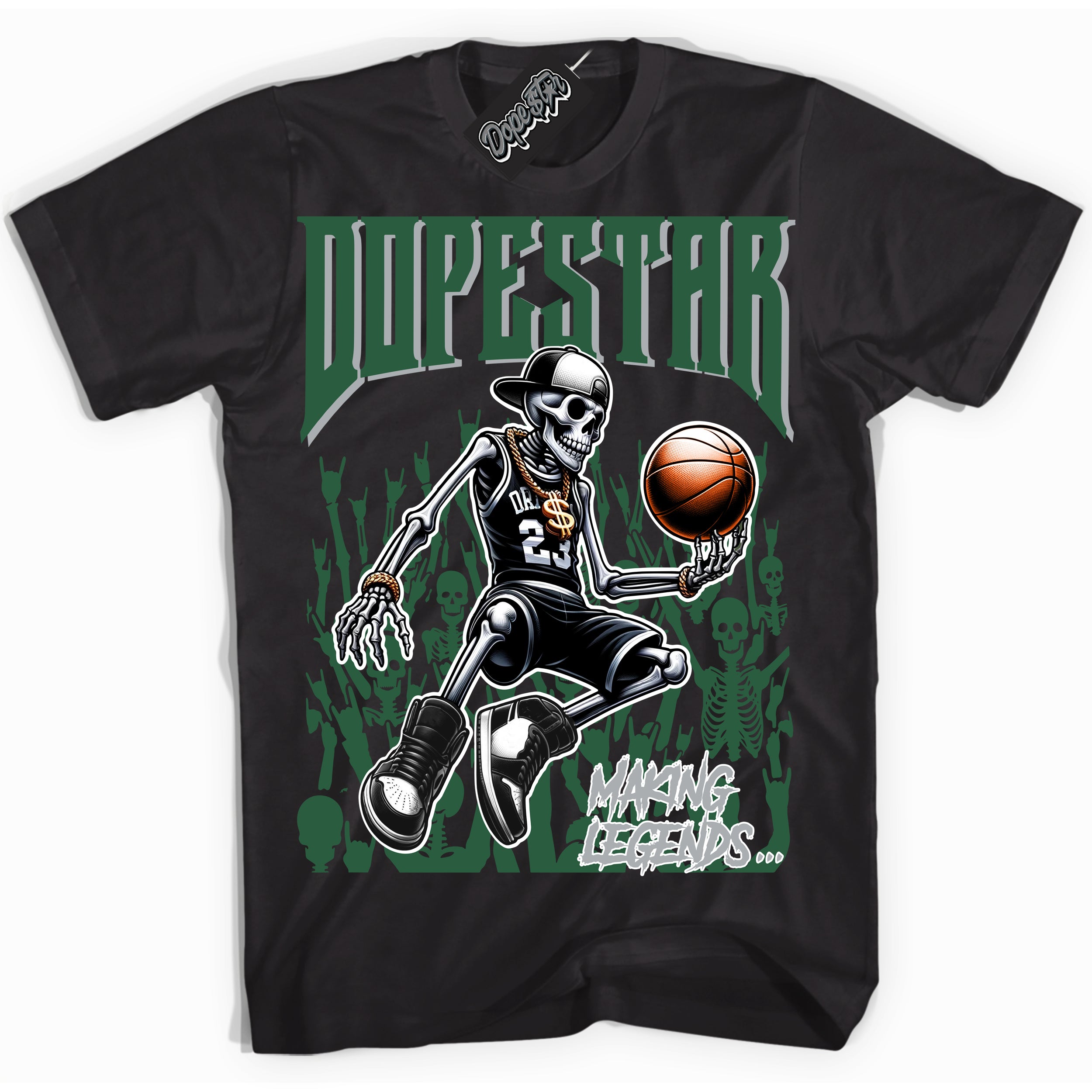 Cool Black Shirt with “ Making Legends ” design that perfectly matches Gorge Green 1s Sneakers.