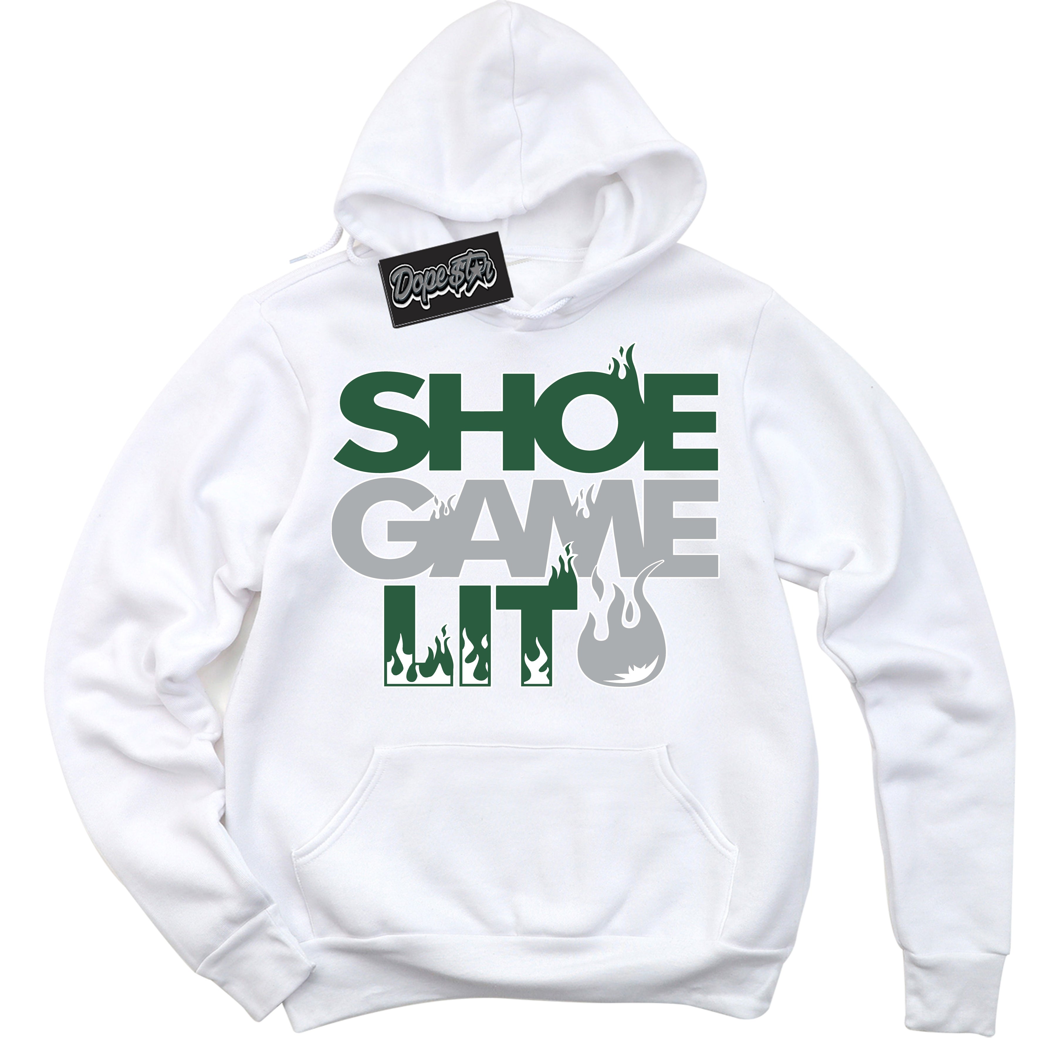 Cool White Hoodie with “ Shoe Game Lit '' design that Perfectly Matches  Gorge Green 1s Sneakers.