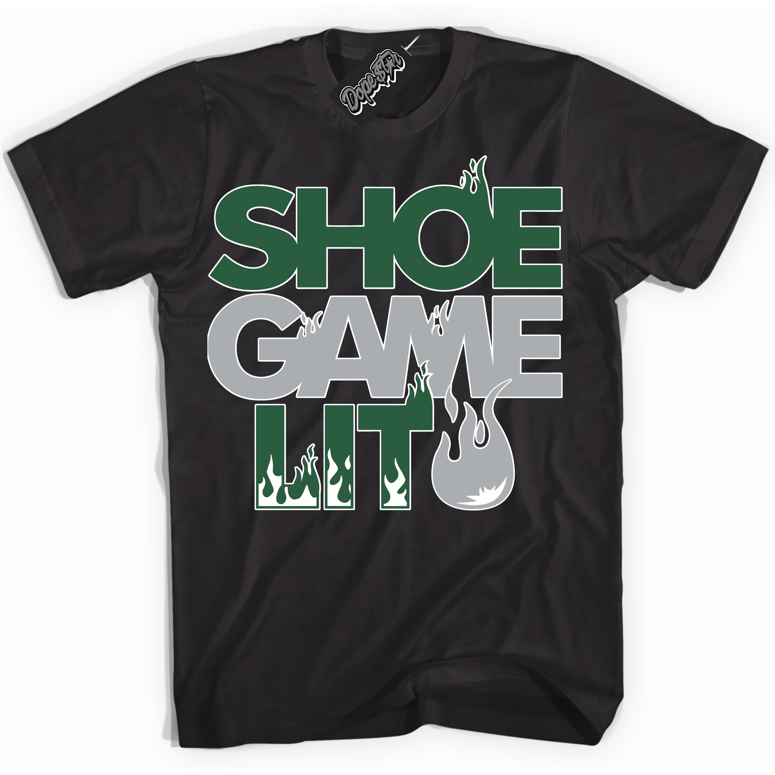 Cool Black Shirt with “ Shoe Game Lit ” design that perfectly matches Gorge Green 1s Sneakers.