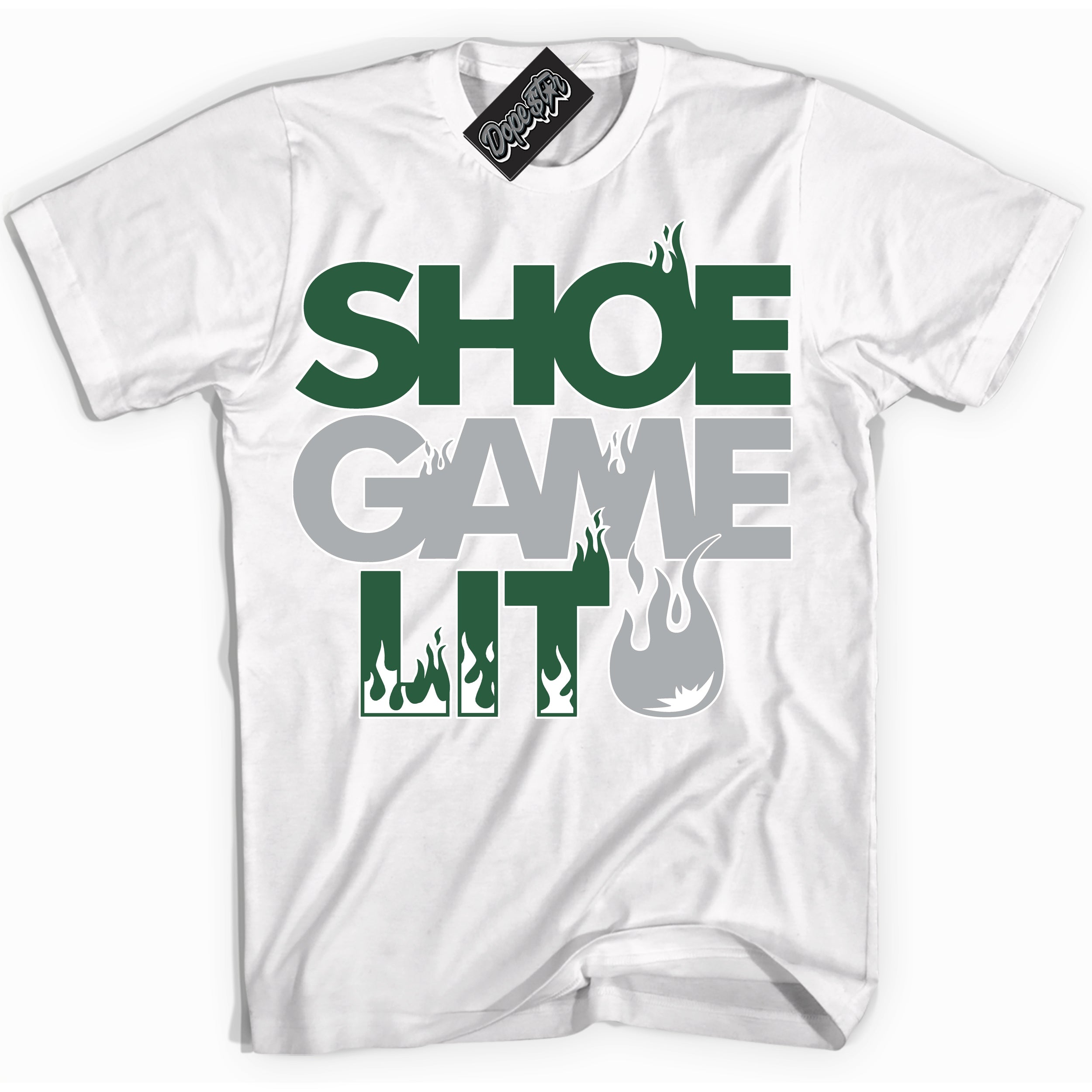 Cool White Shirt with “ Shoe Game Lit ” design that perfectly matches Gorge Green 1s Sneakers.