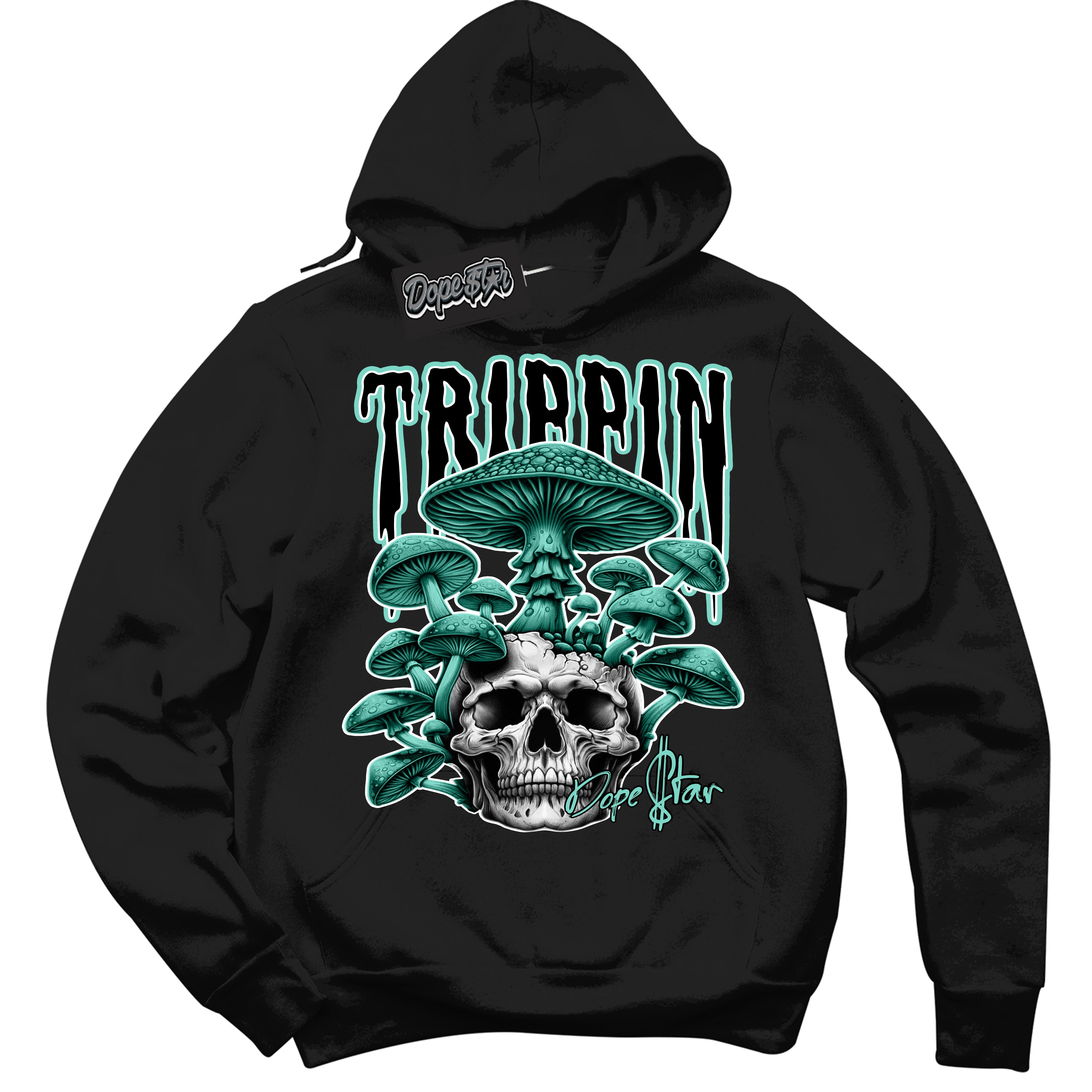 Cool Black Hoodie with “Trippin” design that Perfectly Matches Green Glow 1s  Sneakers.