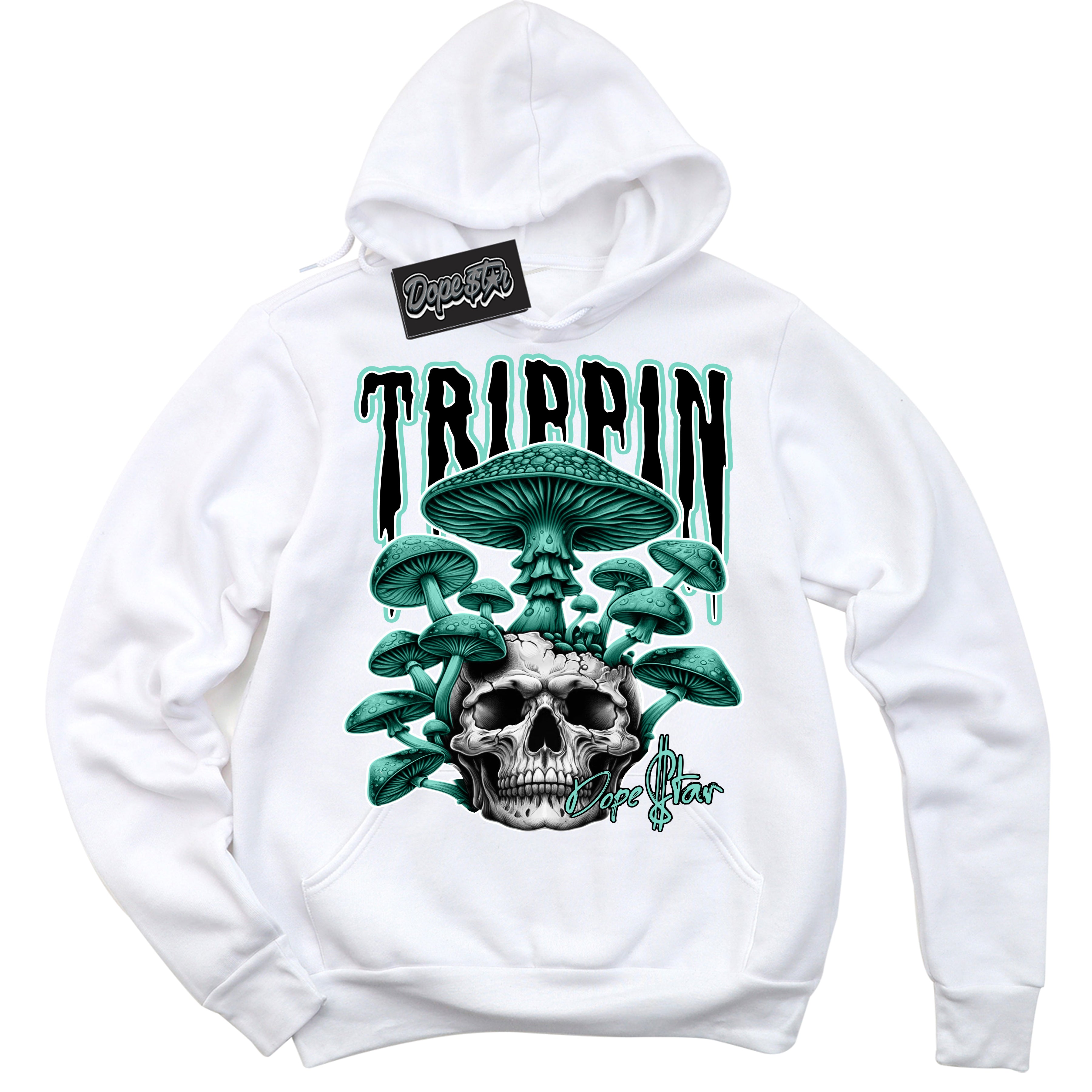 Cool White Hoodie with “Trippin” design that Perfectly Matches Green Glow 1s  Sneakers.