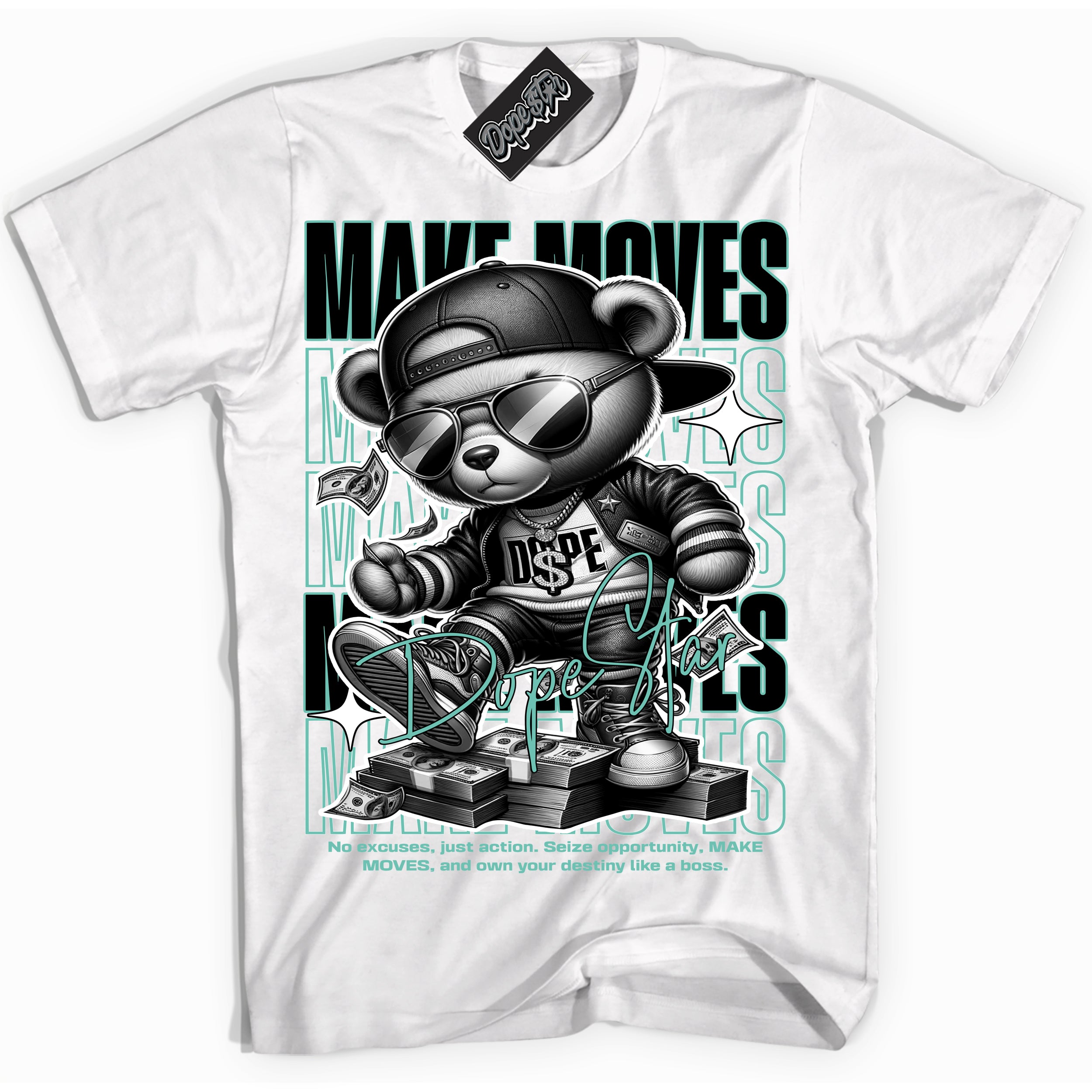 Cool White Shirt with “ Makin Moves” design that perfectly matches Green Glow 1s Sneakers.