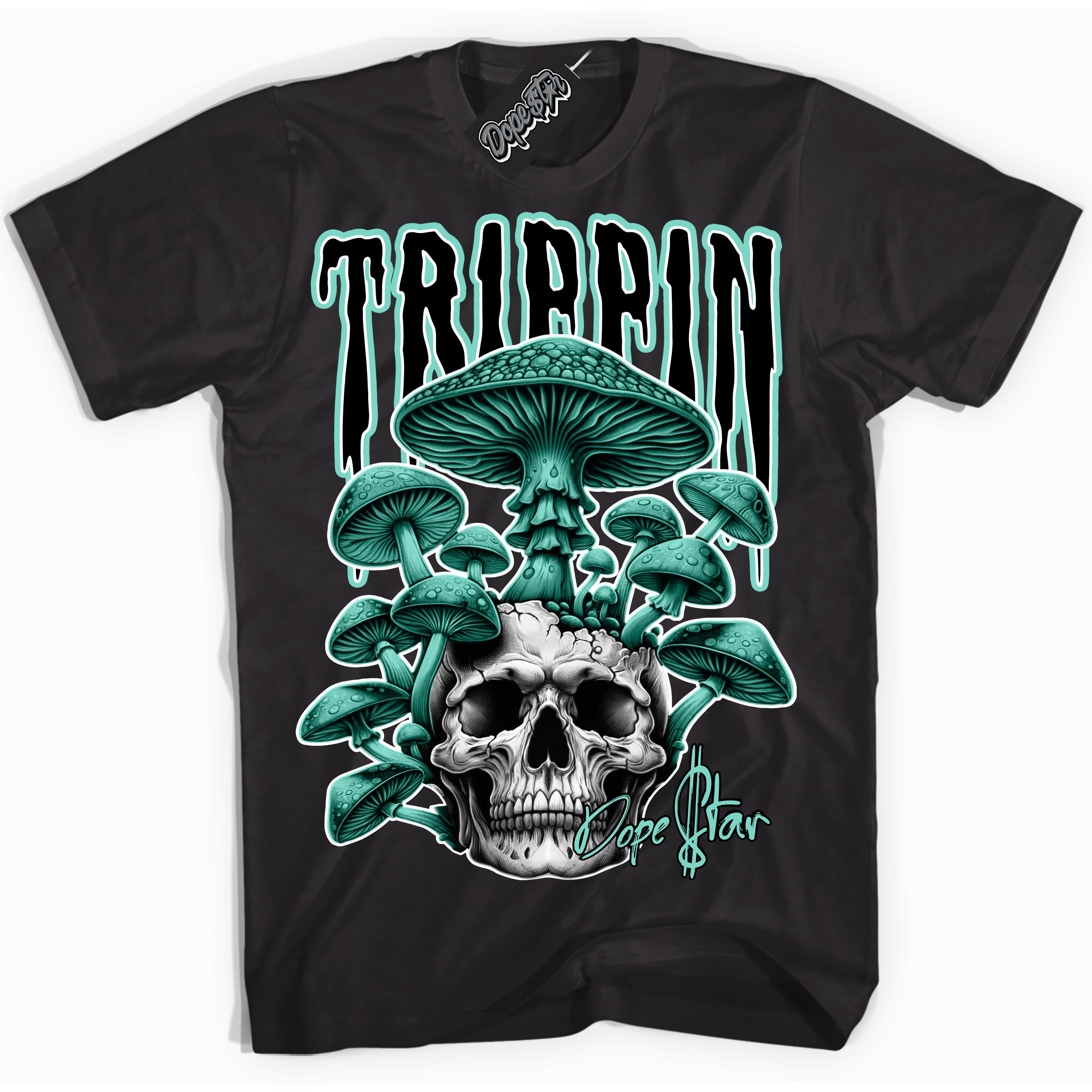 Cool Black Shirt with “Trippin” design that perfectly matches the Green Glow 1s  Sneakers.