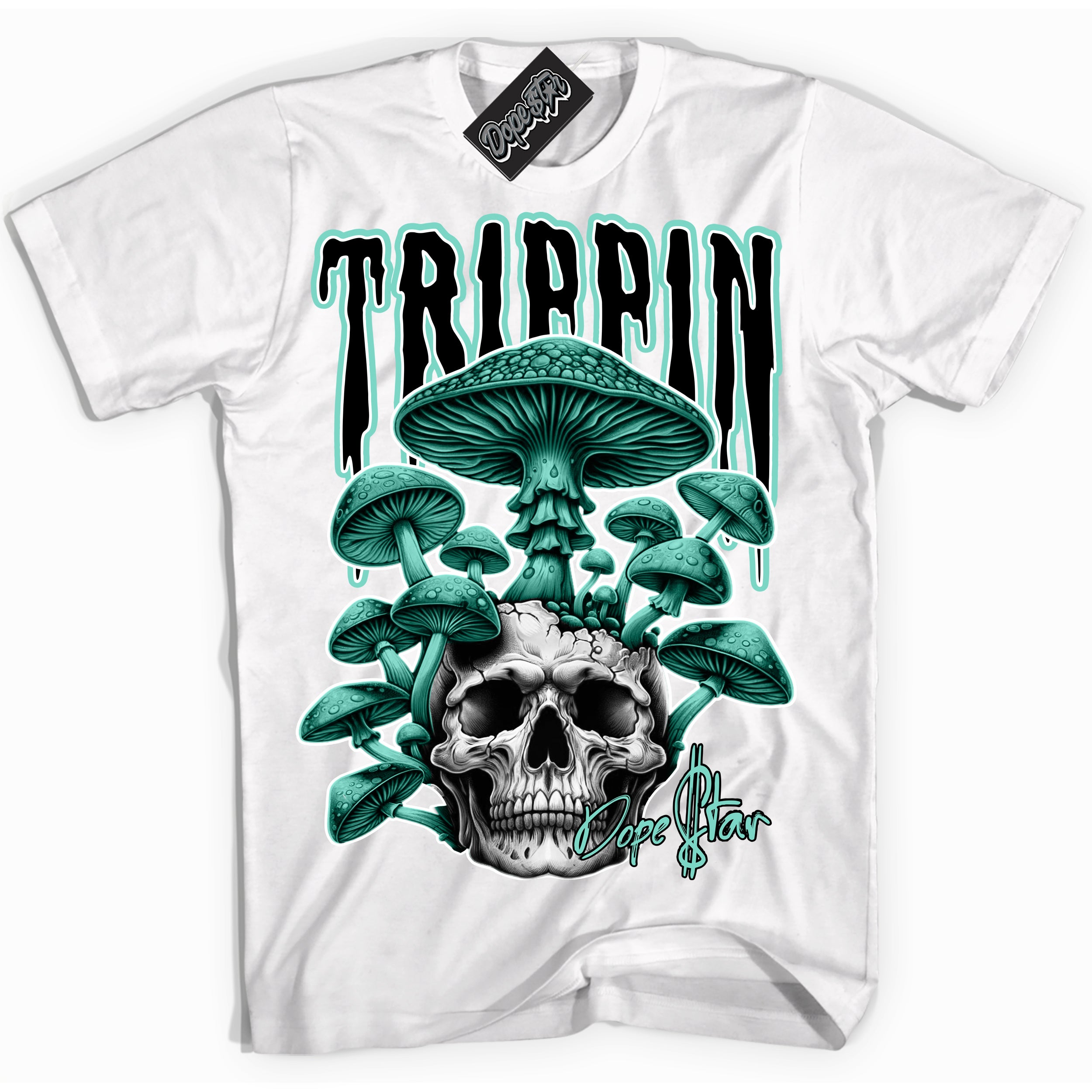 Cool White Shirt with “Trippin” design that perfectly matches the Green Glow 1s  Sneakers.