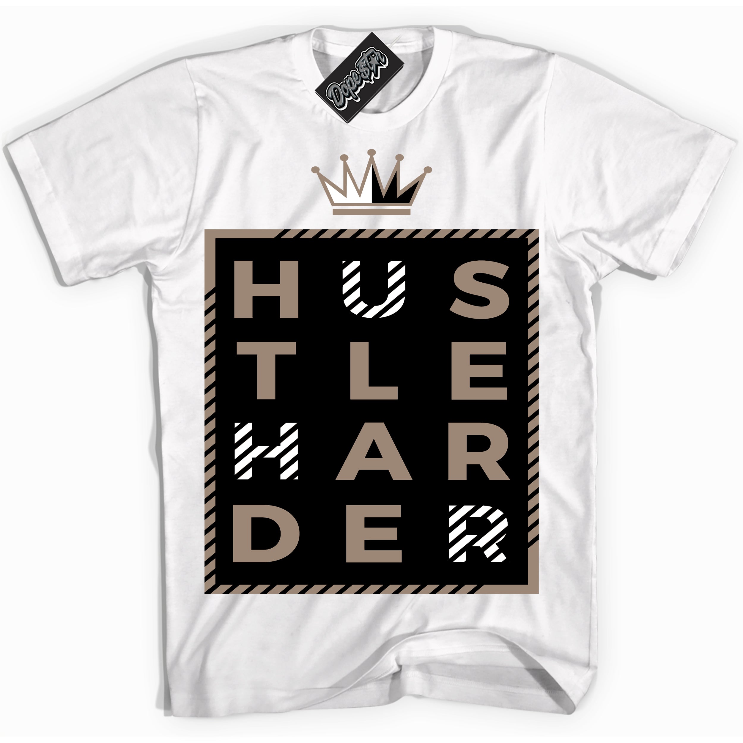 Cool White Shirt with “ Hustle Harder ” design that perfectly matches Latte 1s Sneakers.