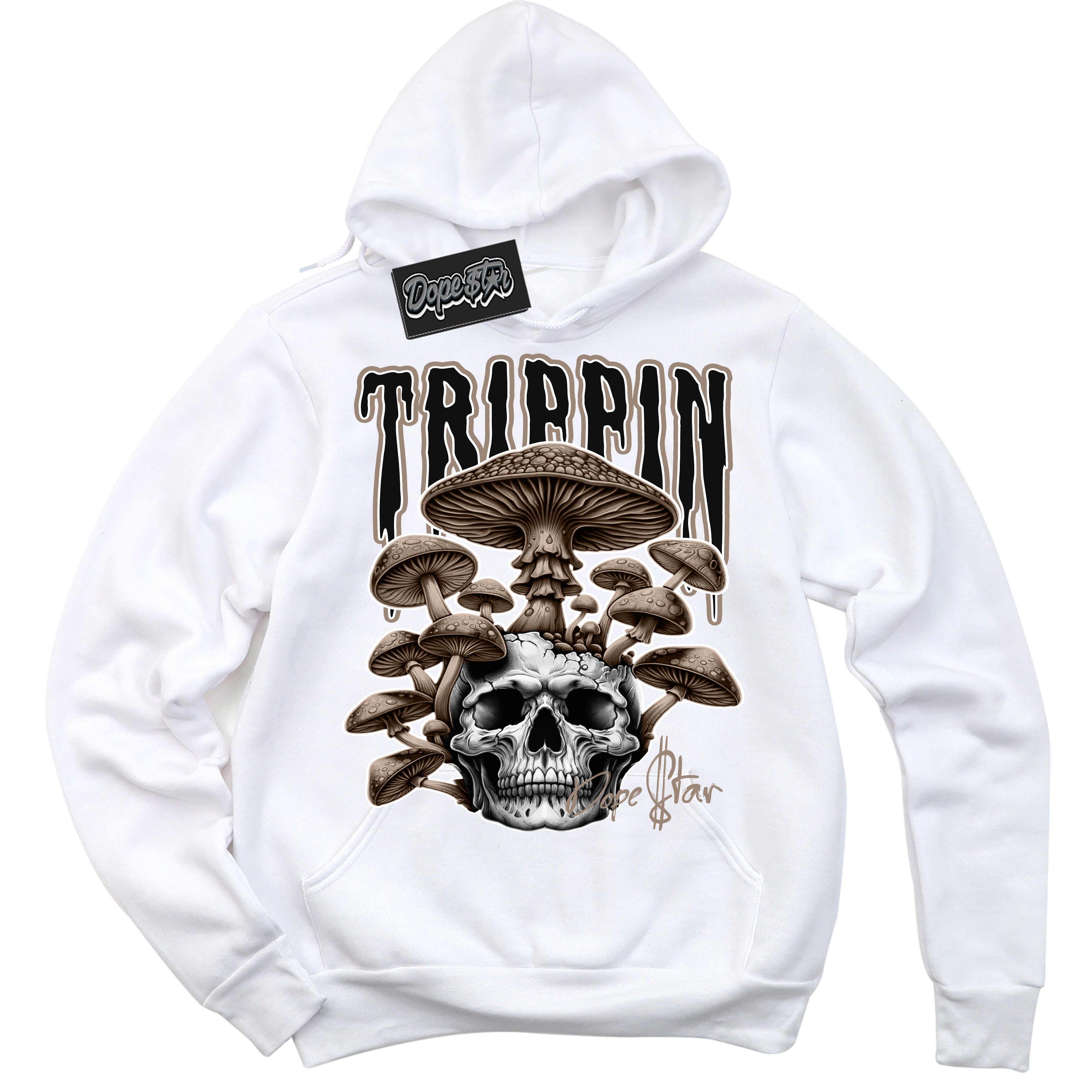 Cool White Hoodie with “Trippin” design that Perfectly Matches Latte 1s Sneakers.